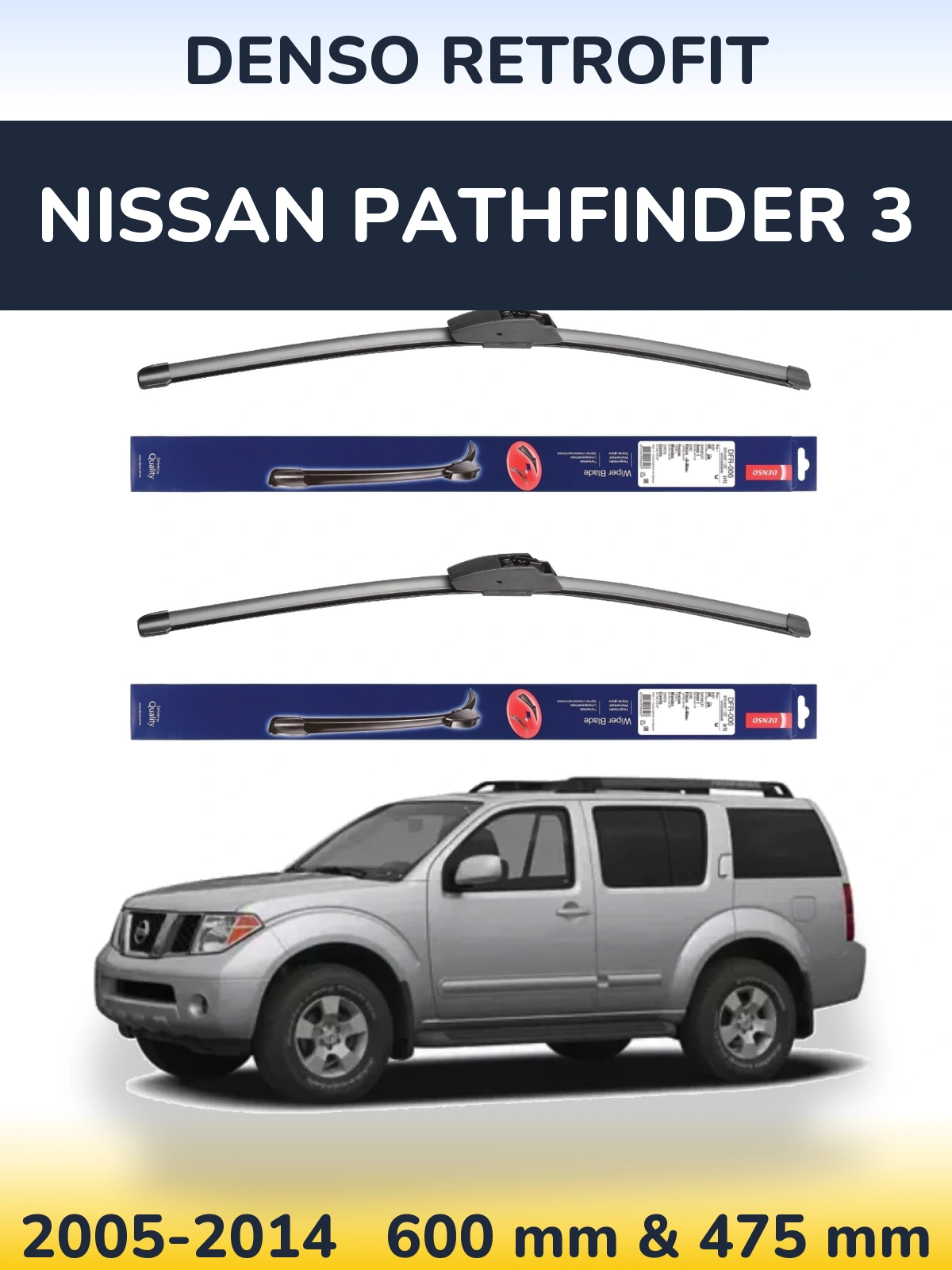Front wiper blade set Denso Retrofit 600 & 475 mm for Nissan Pathfinder 3 2005-2014