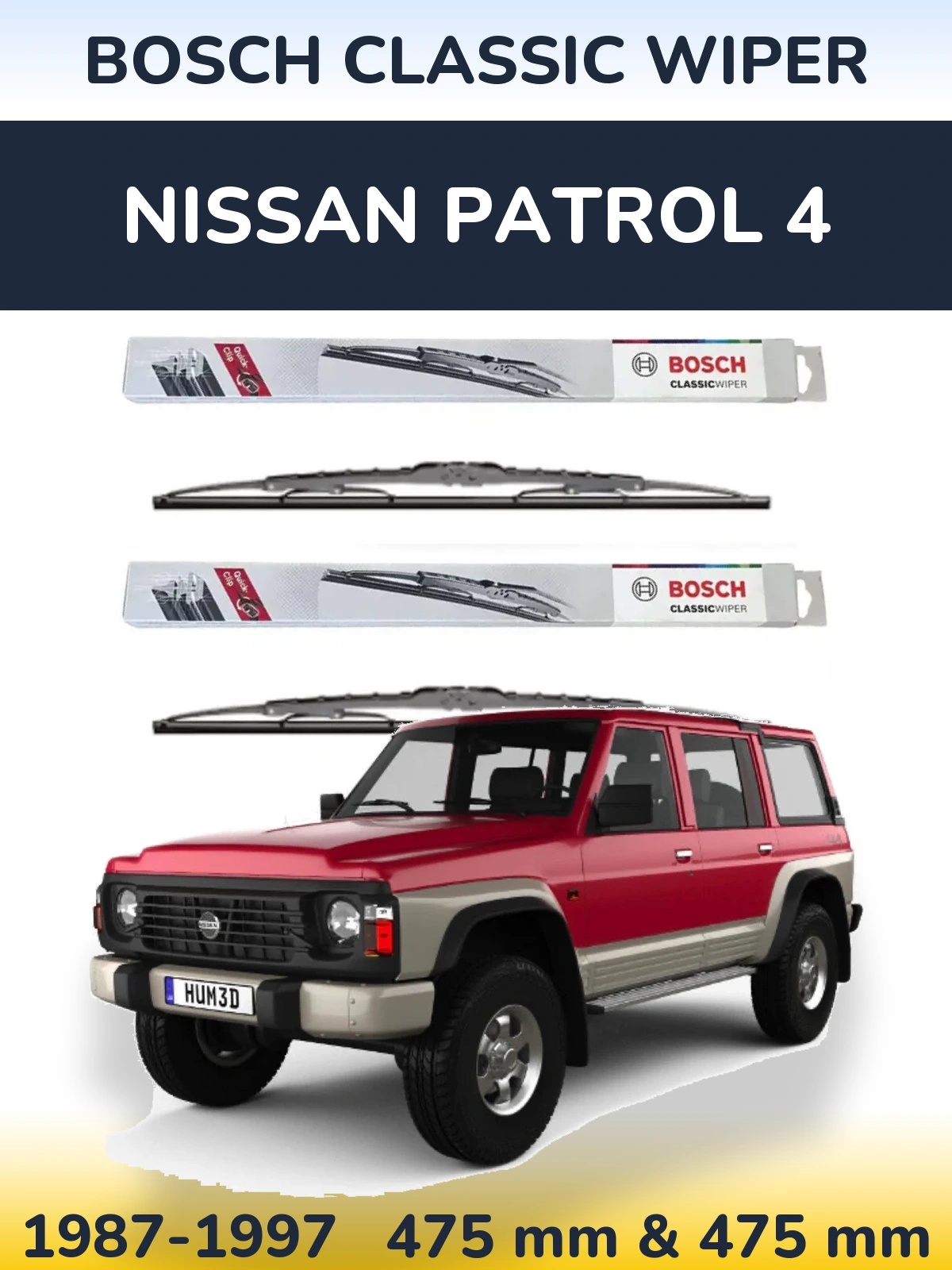 Front wiper blade set BOSCH Classic Wiper 475 & 475 mm for Nissan Patrol 4 1987-1997