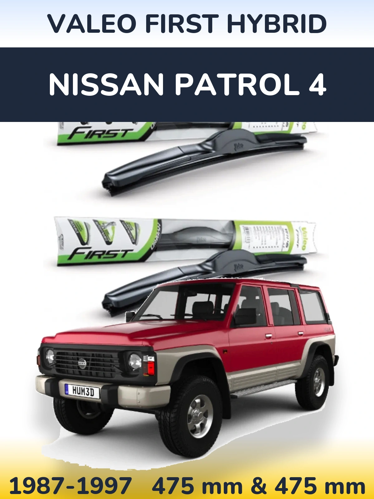 Front wiper blade set Valeo First Hybrid 475 & 475 mm for Nissan Patrol 4 1987-1997