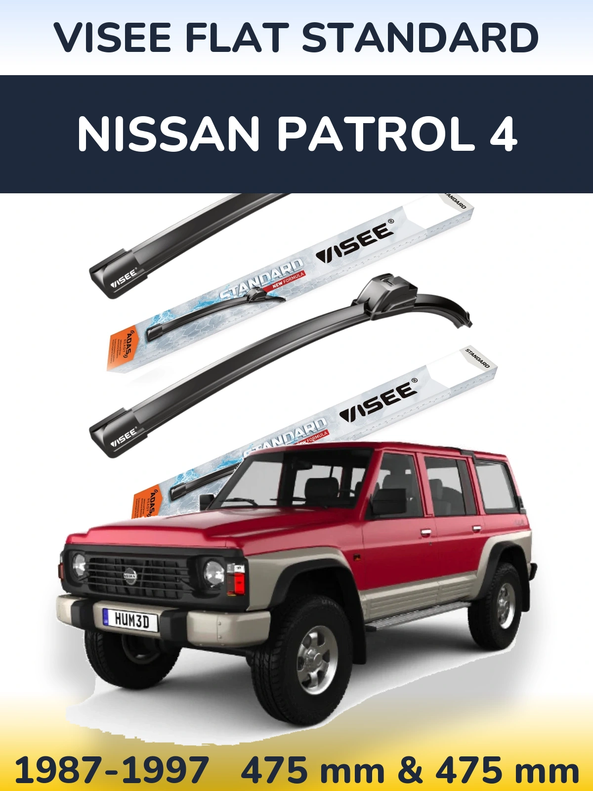 Front wiper blade set VISEE FLAT STANDARD 475 & 475 mm for Nissan Patrol 4 1987-1997