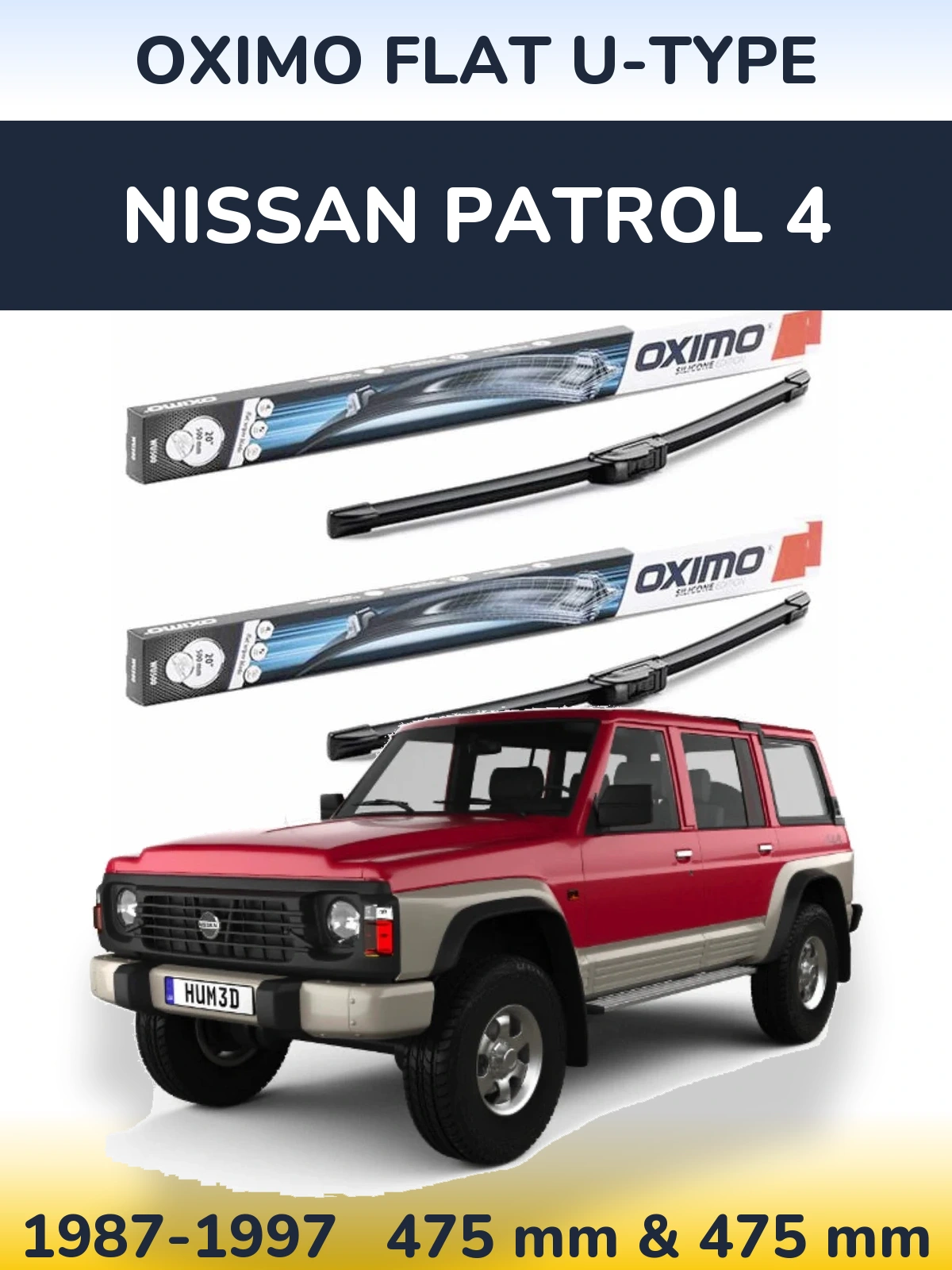 Front wiper blade set Oximo Flat U-type 475 & 475 mm for Nissan Patrol 4 1987-1997