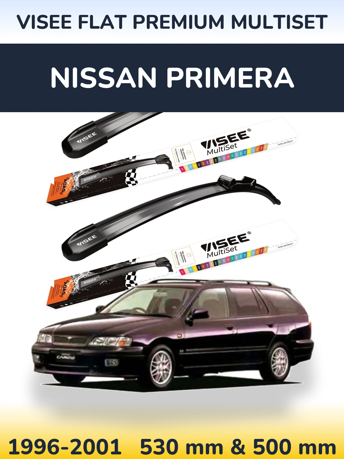 Front wiper blade set VISEE FLAT PREMIUM MultiSet 530 & 500 mm for Nissan Primera 1996-2001