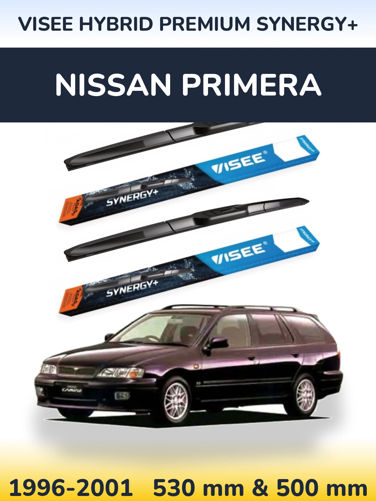 Front wiper blade set VISEE HYBRID PREMIUM SYNERGY+ 530 & 500 mm for Nissan Primera 1996-2001