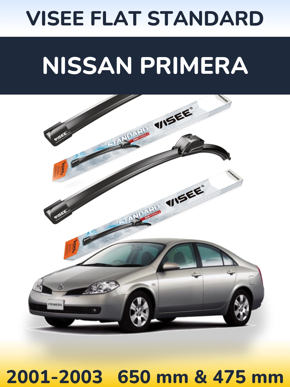Комплект передніх щіток VISEE FLAT STANDARD 650 & 475 мм для Nissan Primera 2001-2003