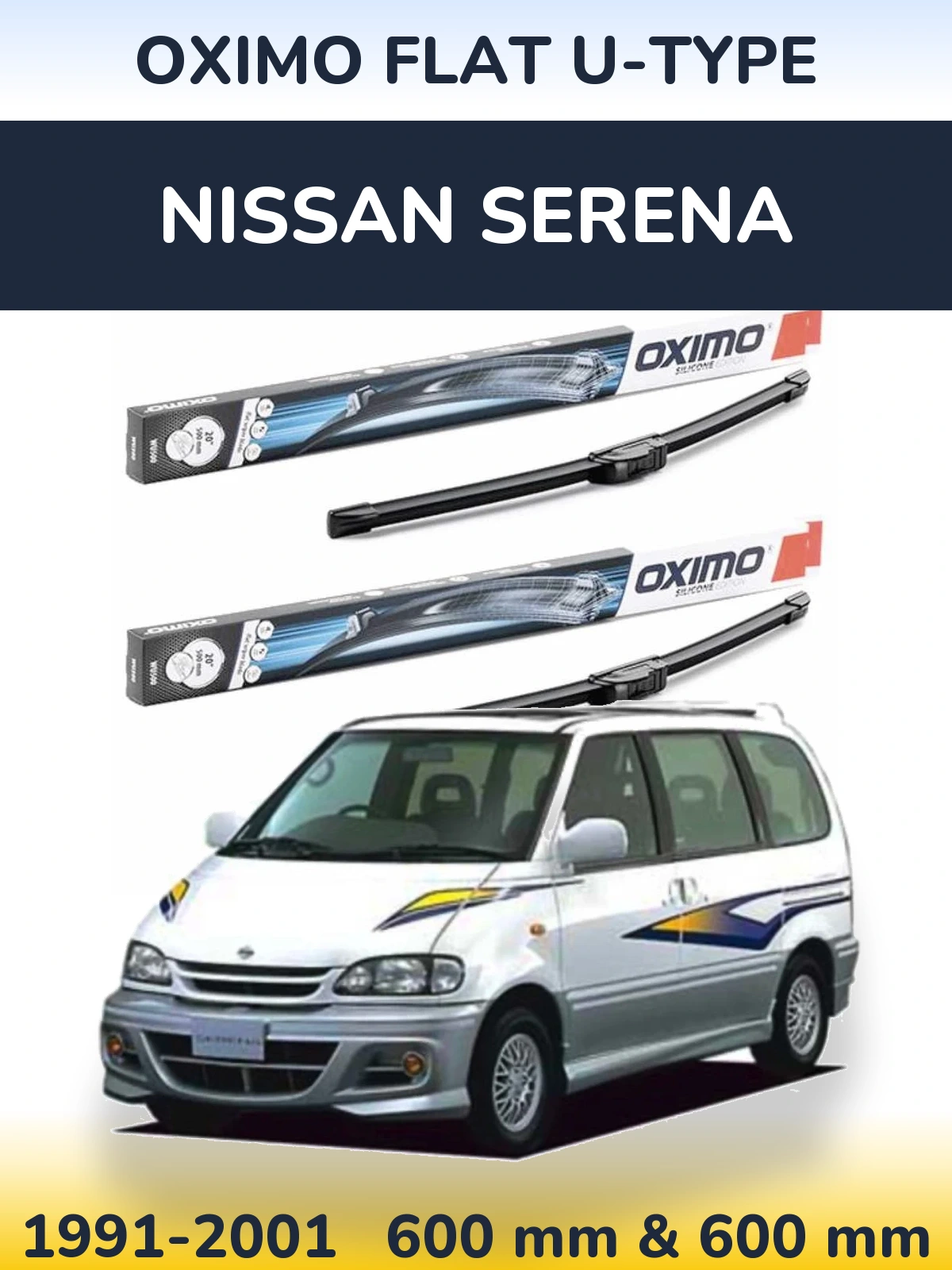 Front wiper blade set Oximo Flat U-type 600 & 600 mm for Nissan Serena 1991-2001