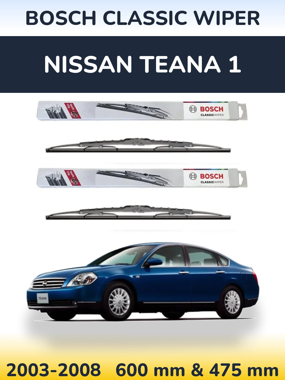 Front wiper blade set BOSCH Classic Wiper 600 & 475 mm for Nissan Teana 1 2003-2008