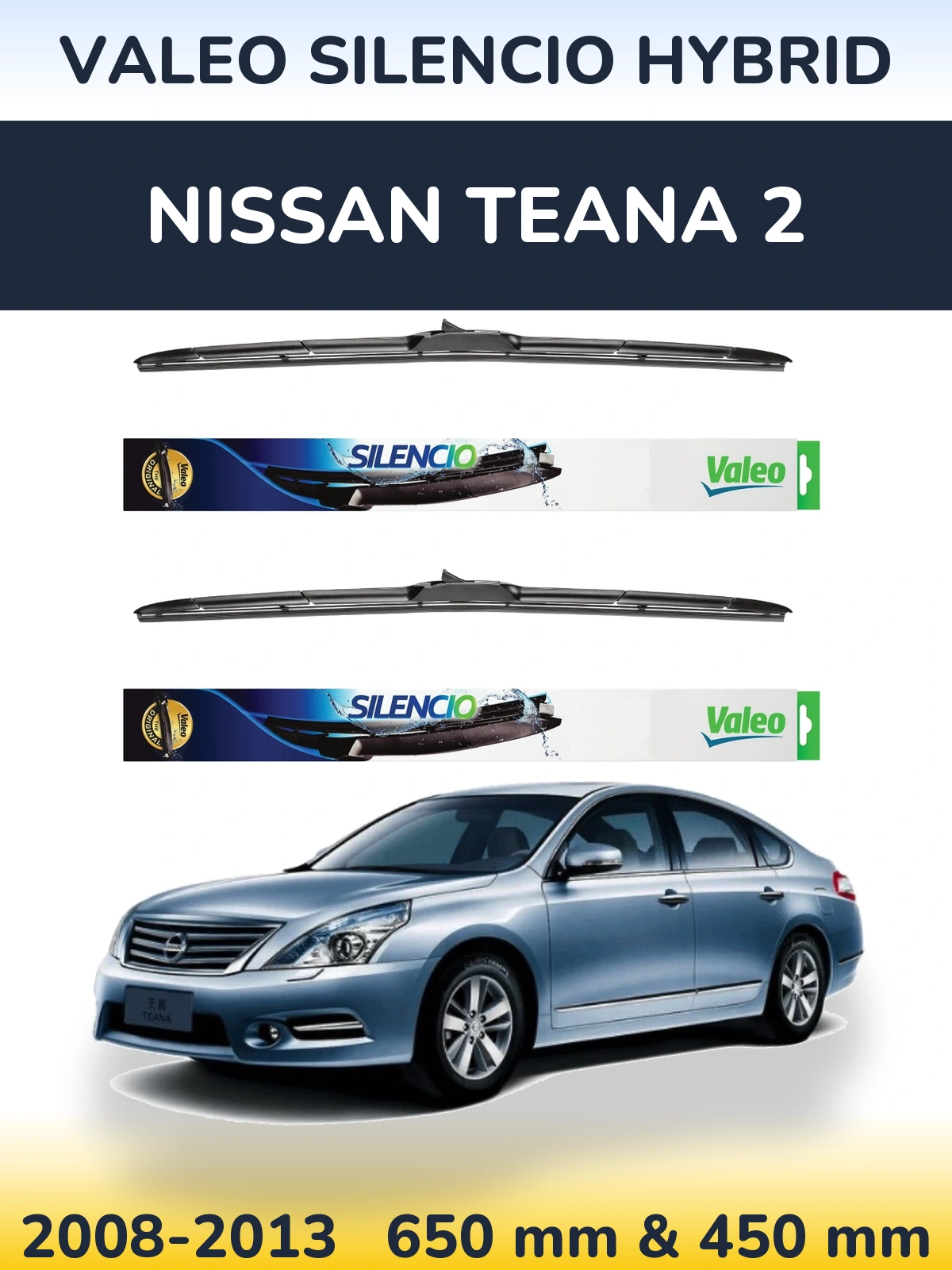 Front wiper blade set Valeo Silencio Hybrid 650 & 450 mm for Nissan Teana 2 2008-2013