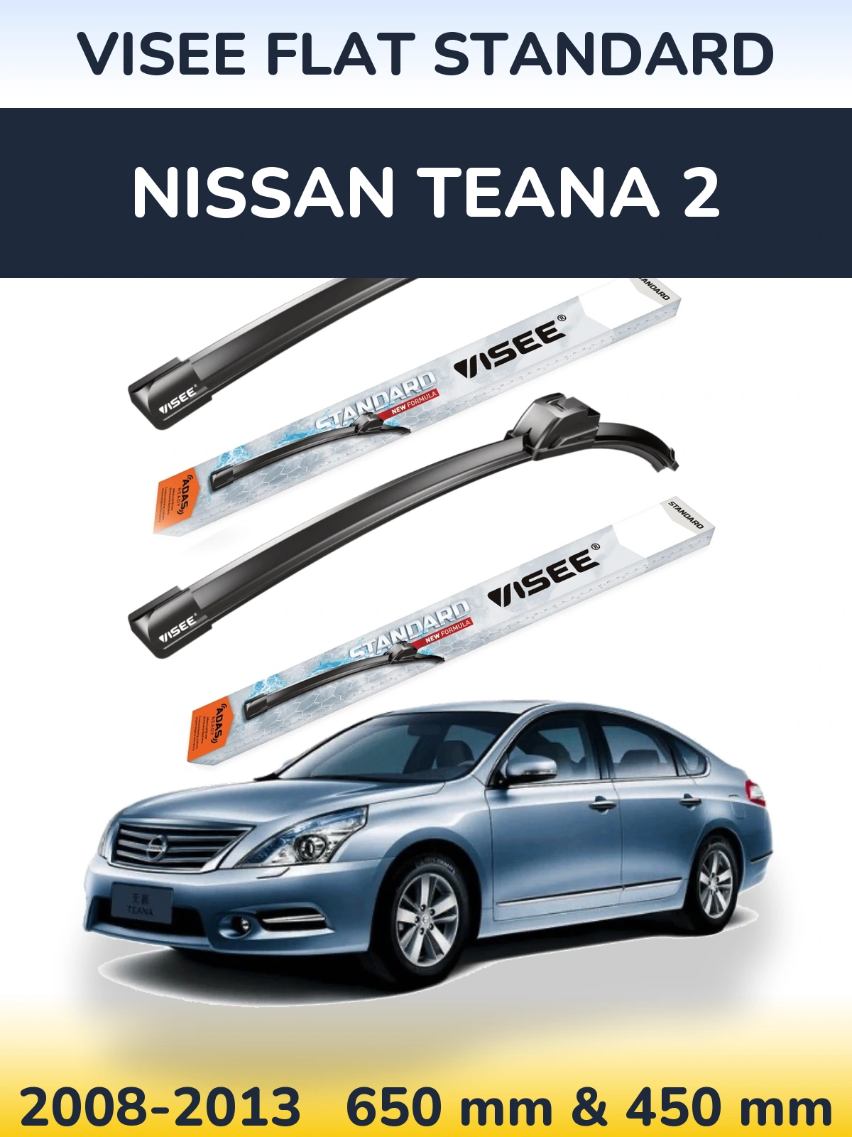 Front wiper blade set VISEE FLAT STANDARD 650 & 450 mm for Nissan Teana 2 2008-2013