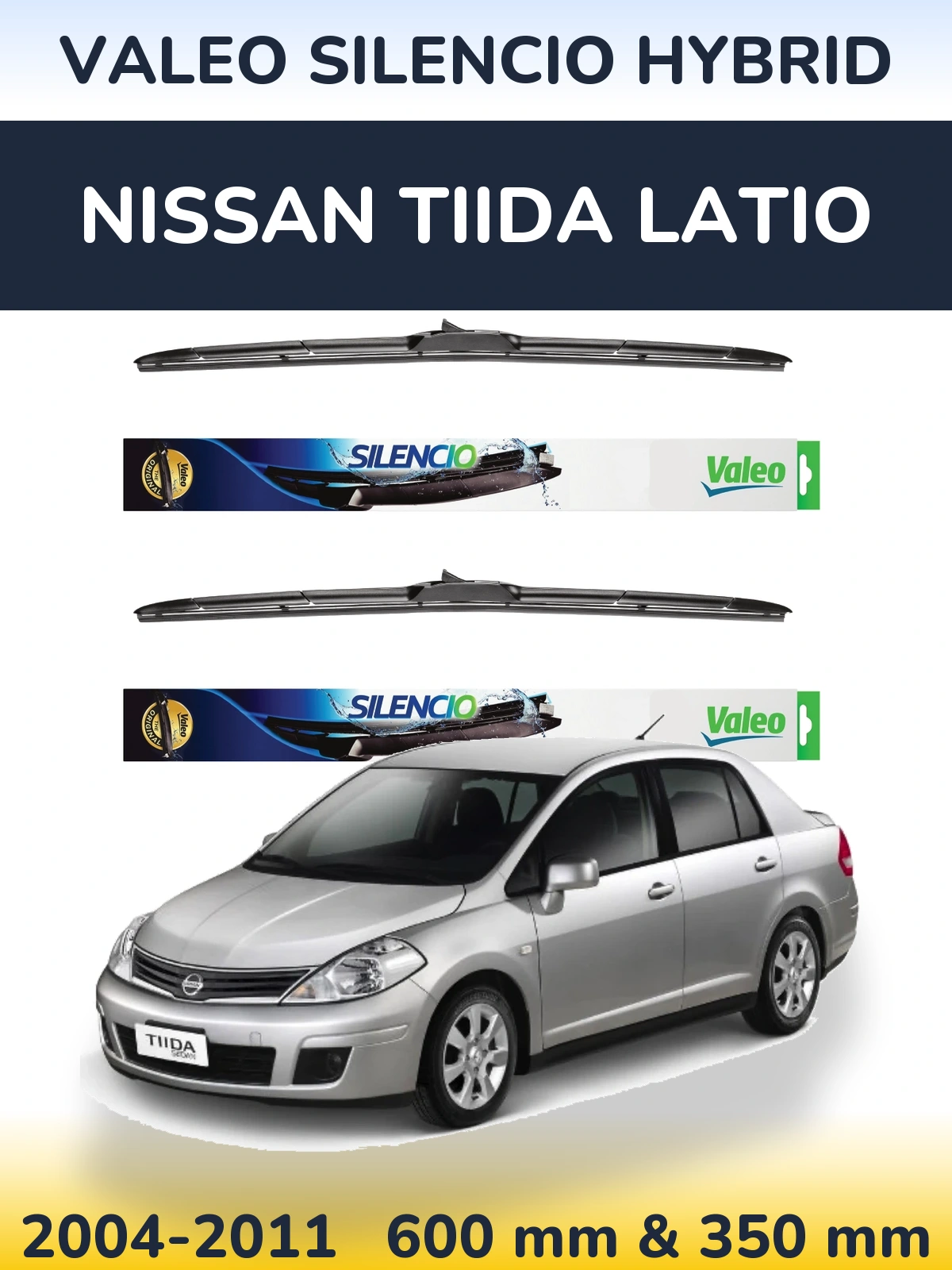 Front wiper blade set Valeo Silencio Hybrid 600 & 350 mm for Nissan Tiida Latio 2004-2011