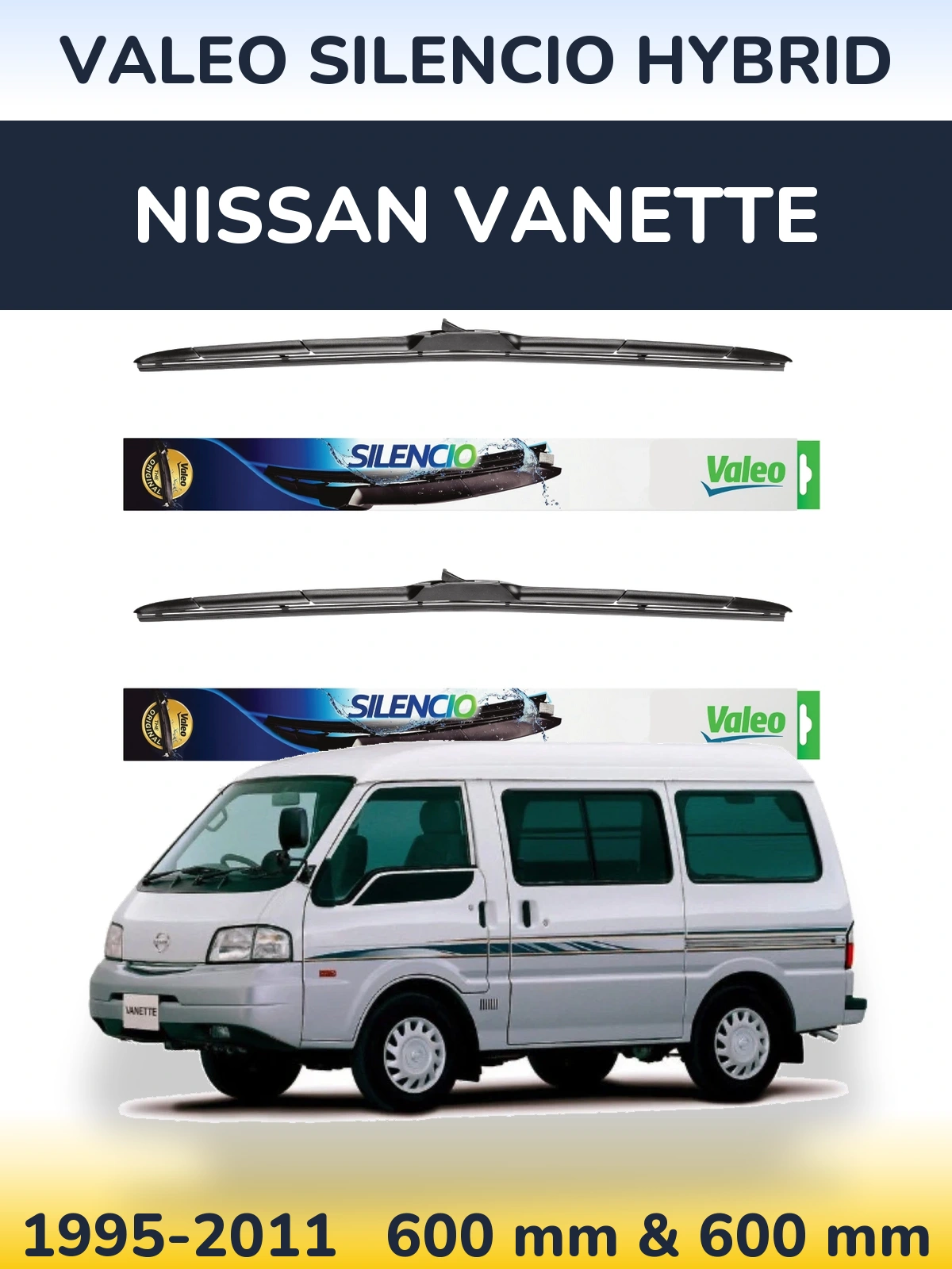 Front wiper blade set Valeo Silencio Hybrid 600 & 600 mm for Nissan Vanette 1995-2011