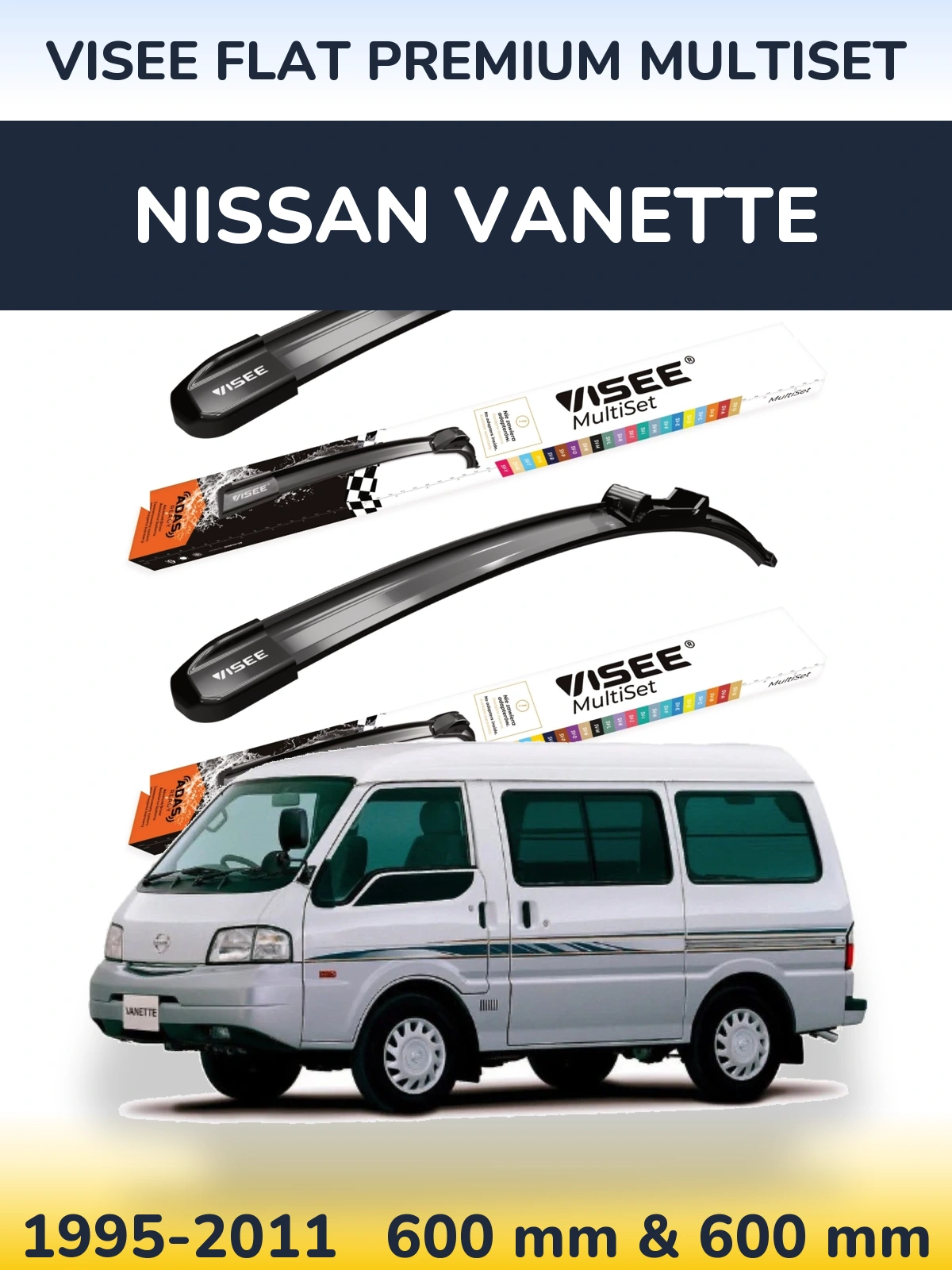 Front wiper blade set VISEE FLAT PREMIUM MultiSet 600 & 600 mm for Nissan Vanette 1995-2011
