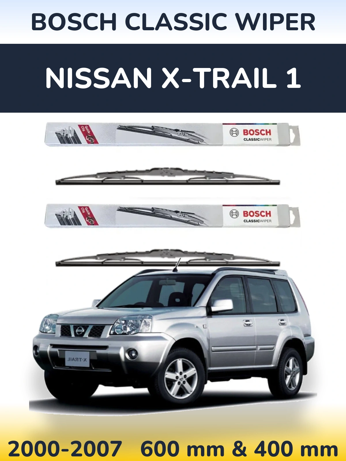 Front wiper blade set BOSCH Classic Wiper 600 & 400 mm for Nissan X-Trail 1 2000-2007