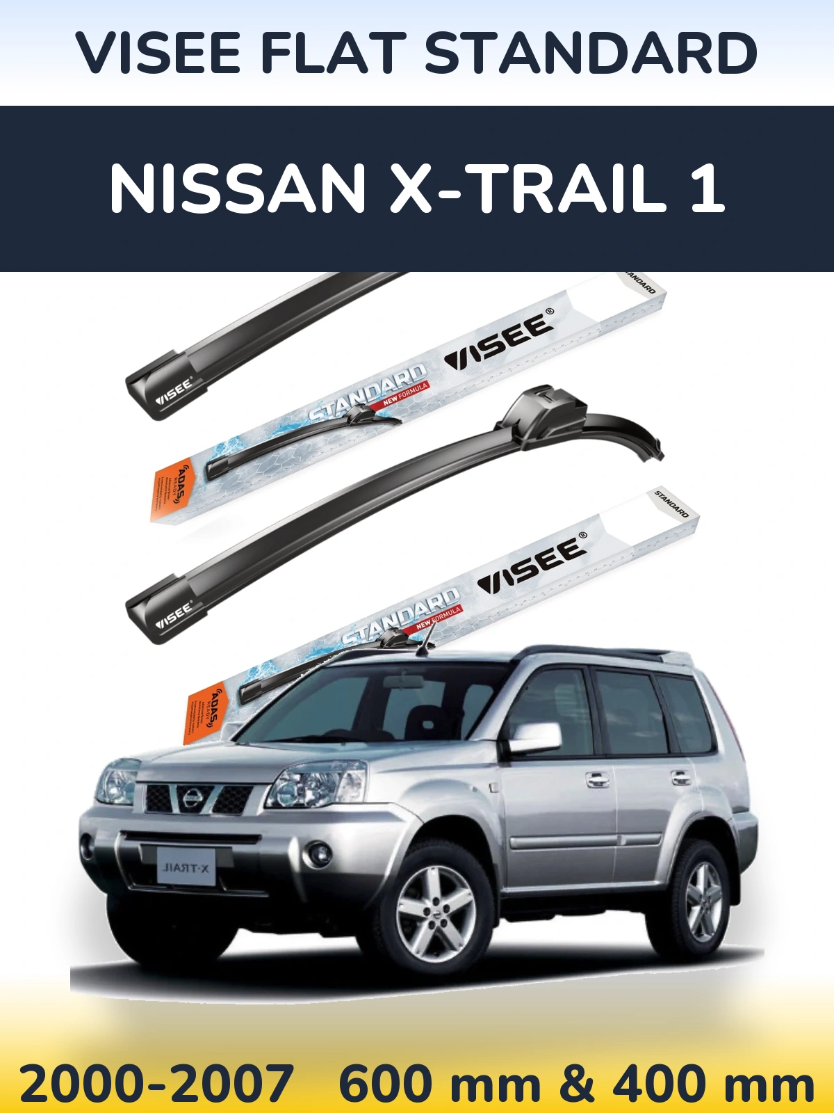Front wiper blade set VISEE FLAT STANDARD 600 & 400 mm for Nissan X-Trail 1 2000-2007