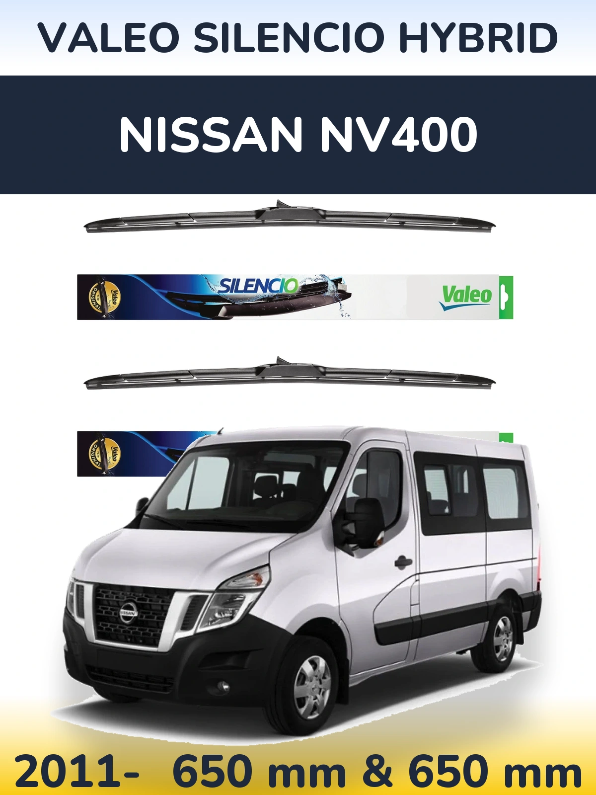 Front wiper blade set Valeo Silencio Hybrid 650 & 650 mm for Nissan NV400 2011-2026