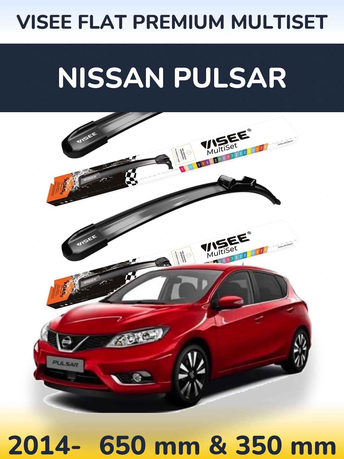 Front wiper blade set VISEE FLAT PREMIUM MultiSet 650 & 350 mm for Nissan Pulsar 2014-2026