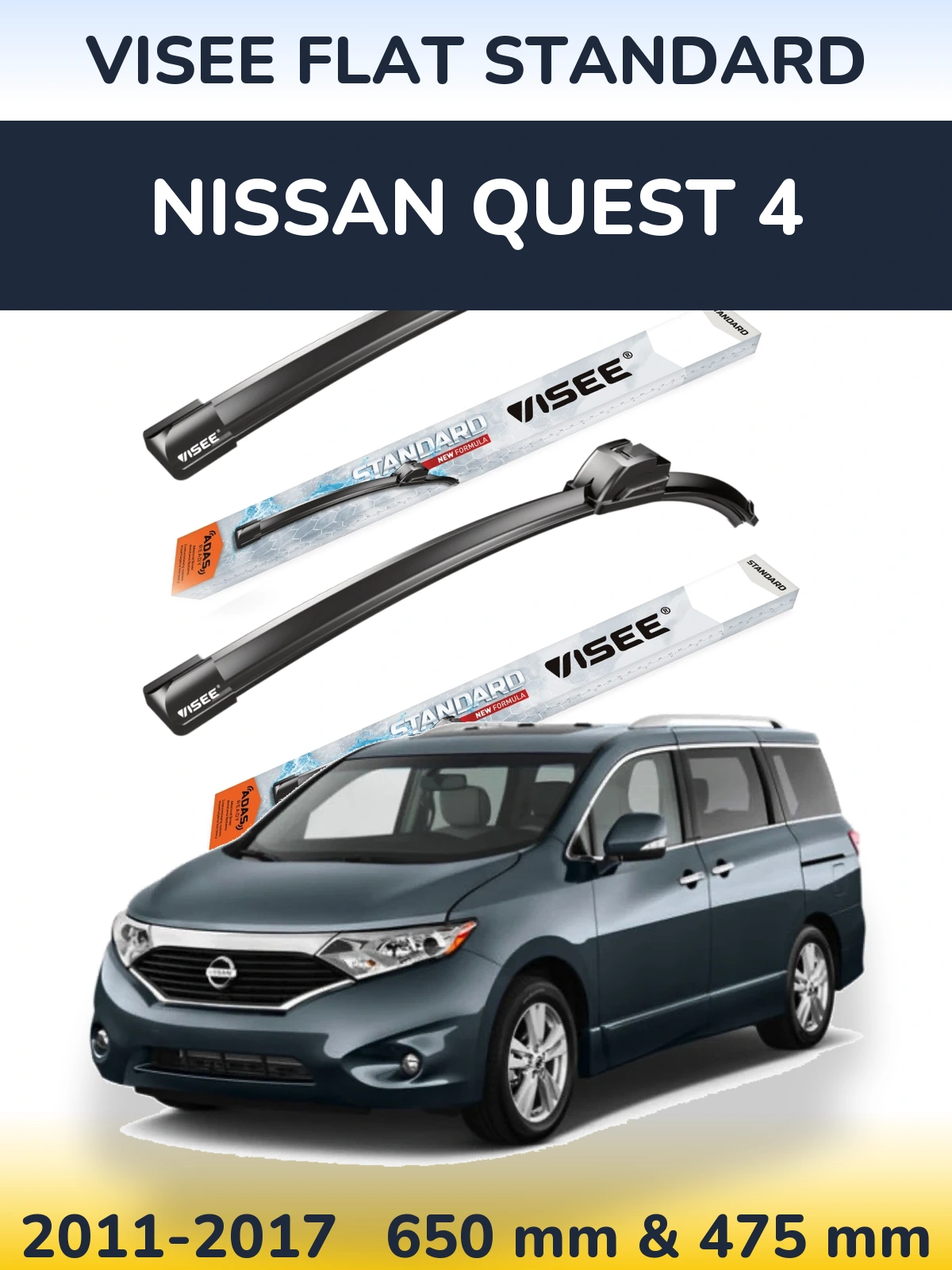 Front wiper blade set VISEE FLAT STANDARD 650 & 475 mm for Nissan Quest 4 2011-2017