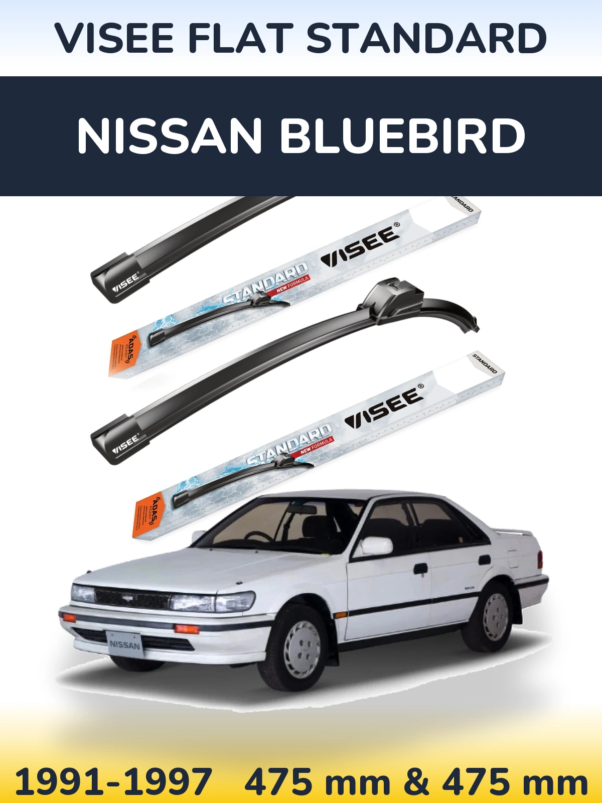 Front wiper blade set VISEE FLAT STANDARD 475 & 475 mm for Nissan Bluebird 1991-1997