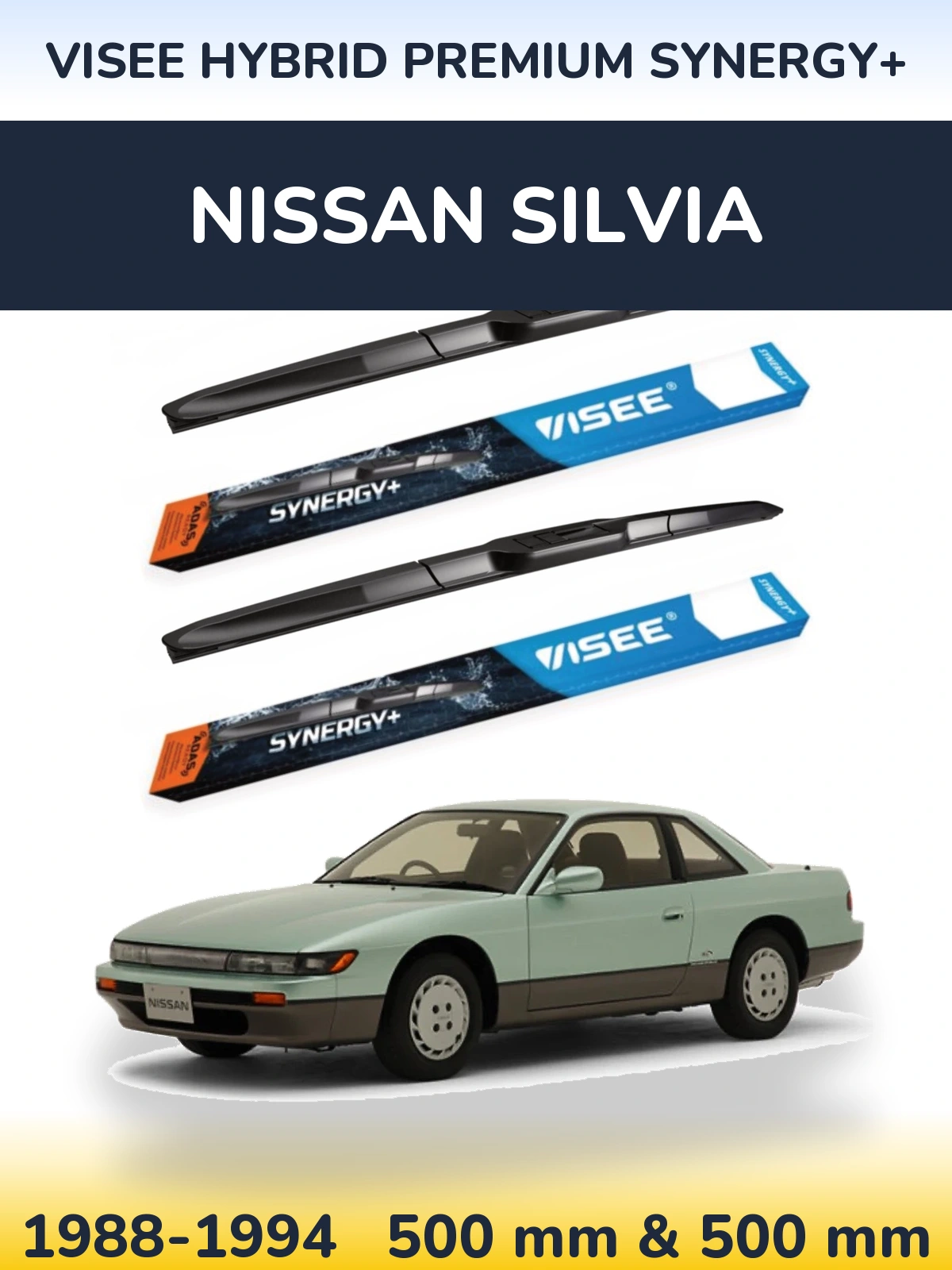 Front wiper blade set VISEE HYBRID PREMIUM SYNERGY+ 500 & 500 mm for Nissan Silvia 1988-1994