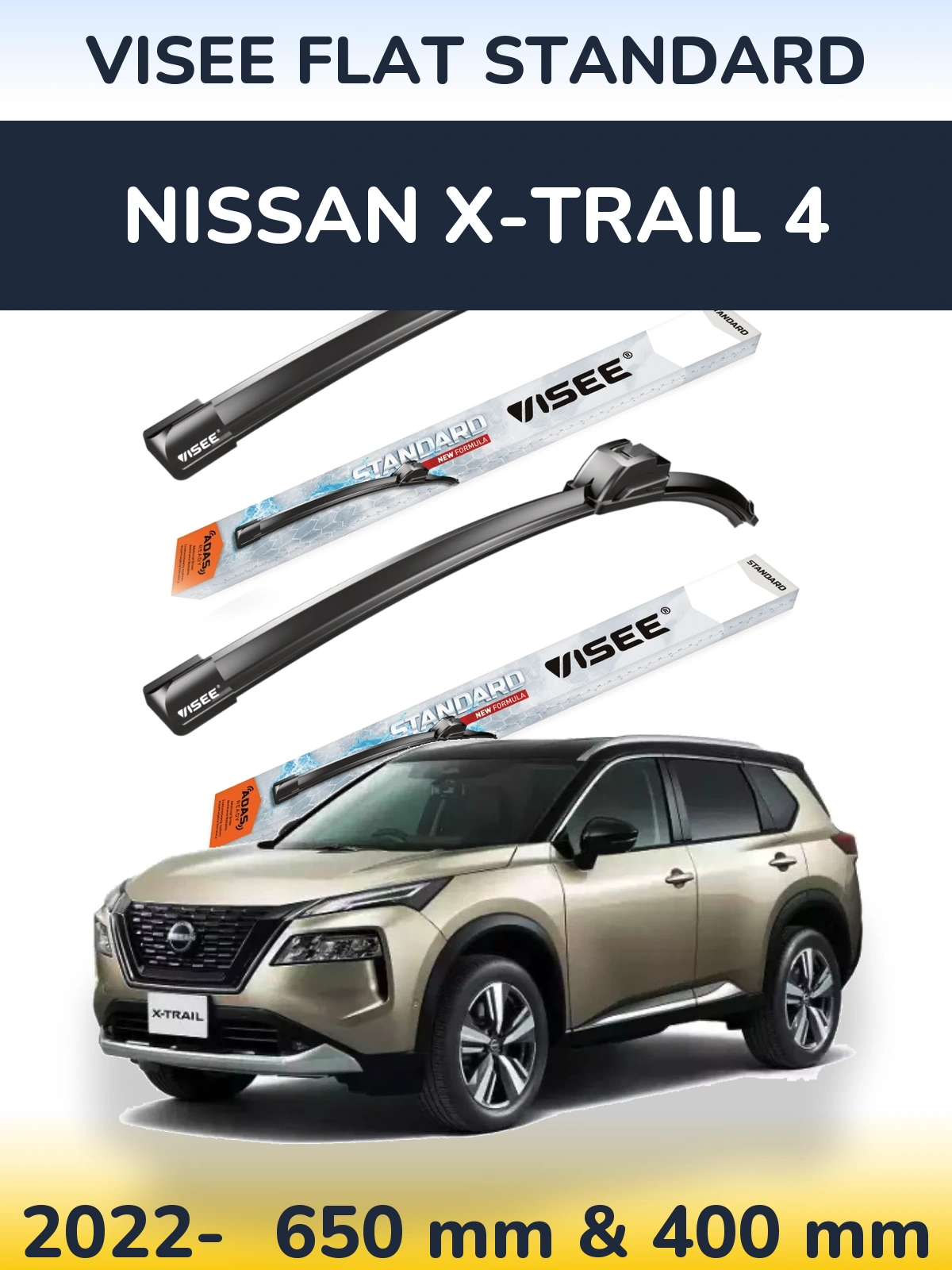 Front wiper blade set VISEE FLAT STANDARD 650 & 400 mm for Nissan X-Trail 4 2022-2026