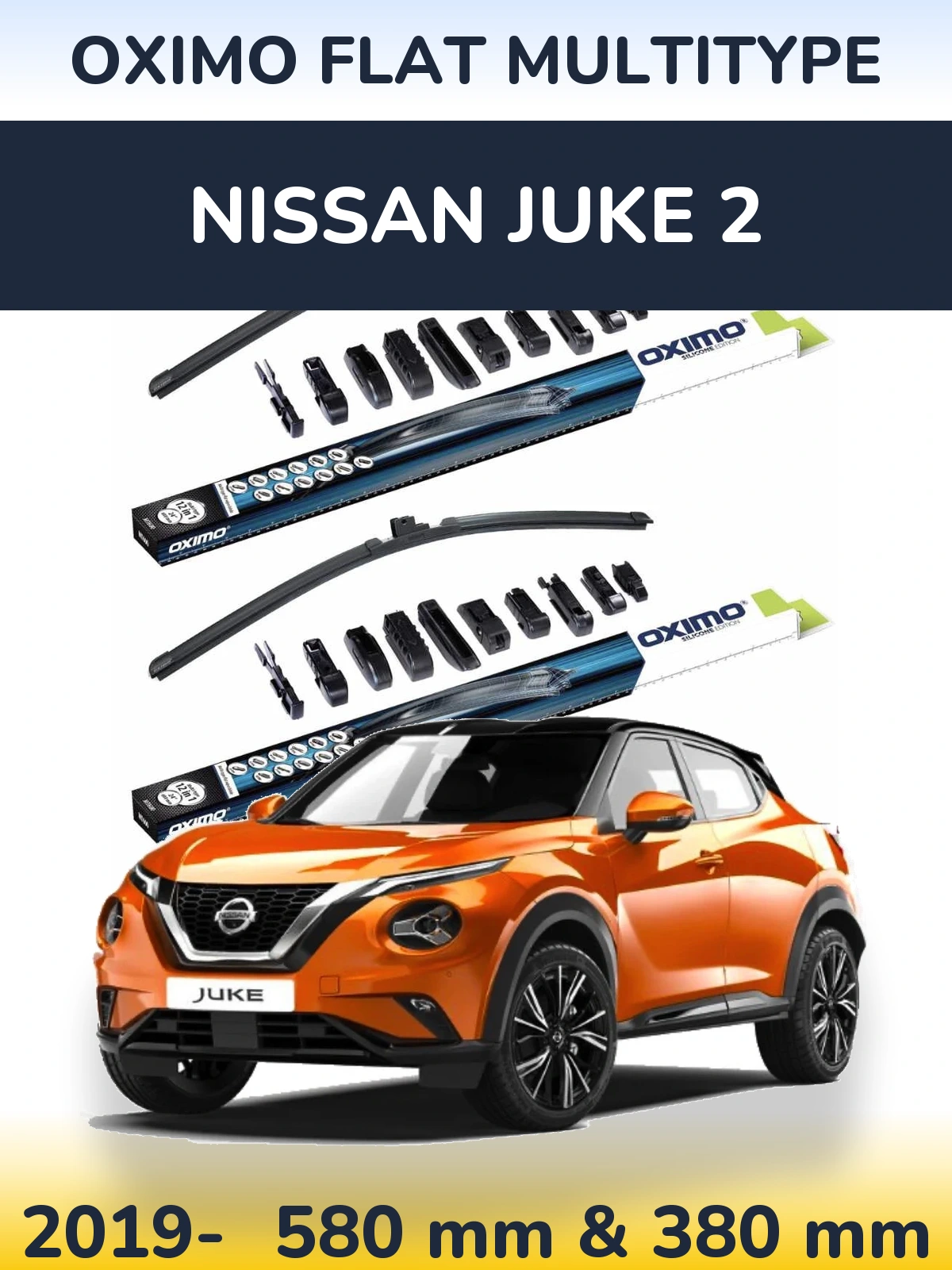 Front wiper blade set Oximo Flat MultiTypee 580 & 380 mm for Nissan Juke 2 2019-2026