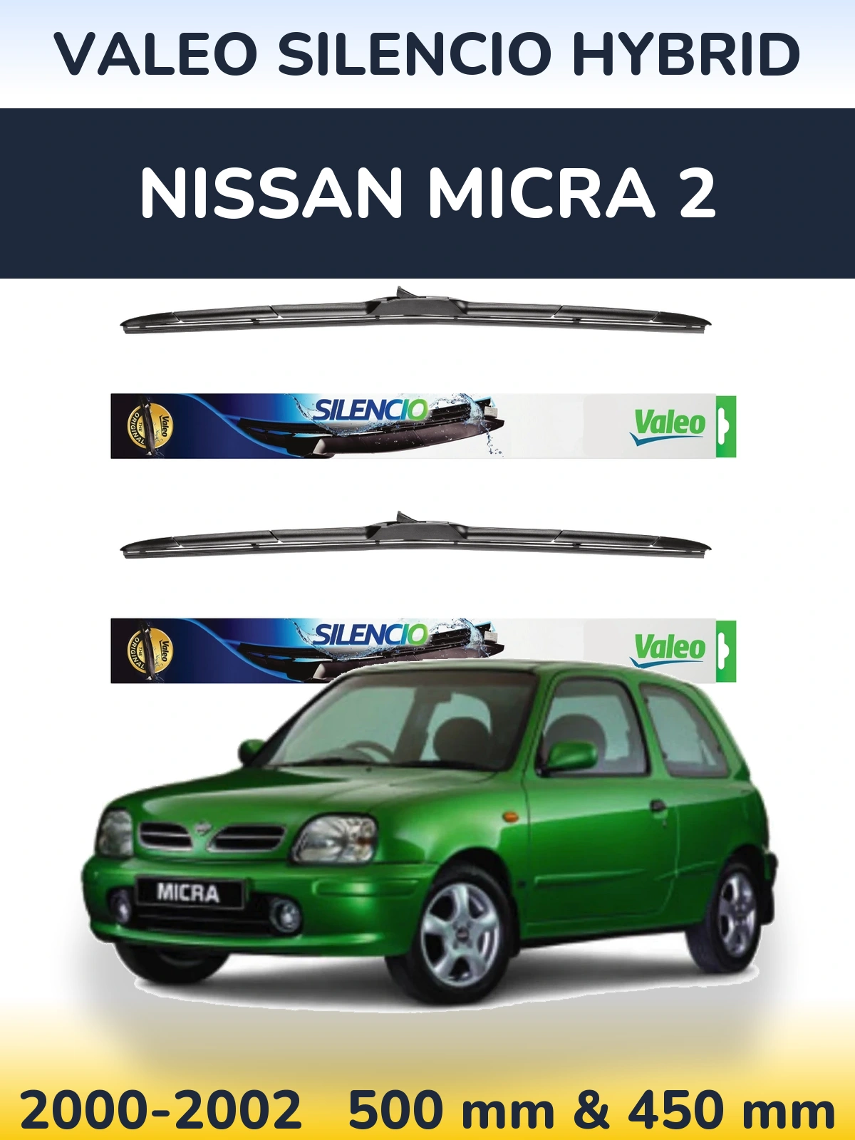 Front wiper blade set Valeo Silencio Hybrid 500 & 450 mm for Nissan Micra 2 2000-2002