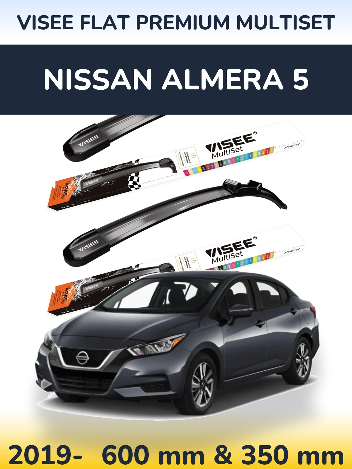 Front wiper blade set VISEE FLAT PREMIUM MultiSet 600 & 350 mm for Nissan Almera 5 2019-2026