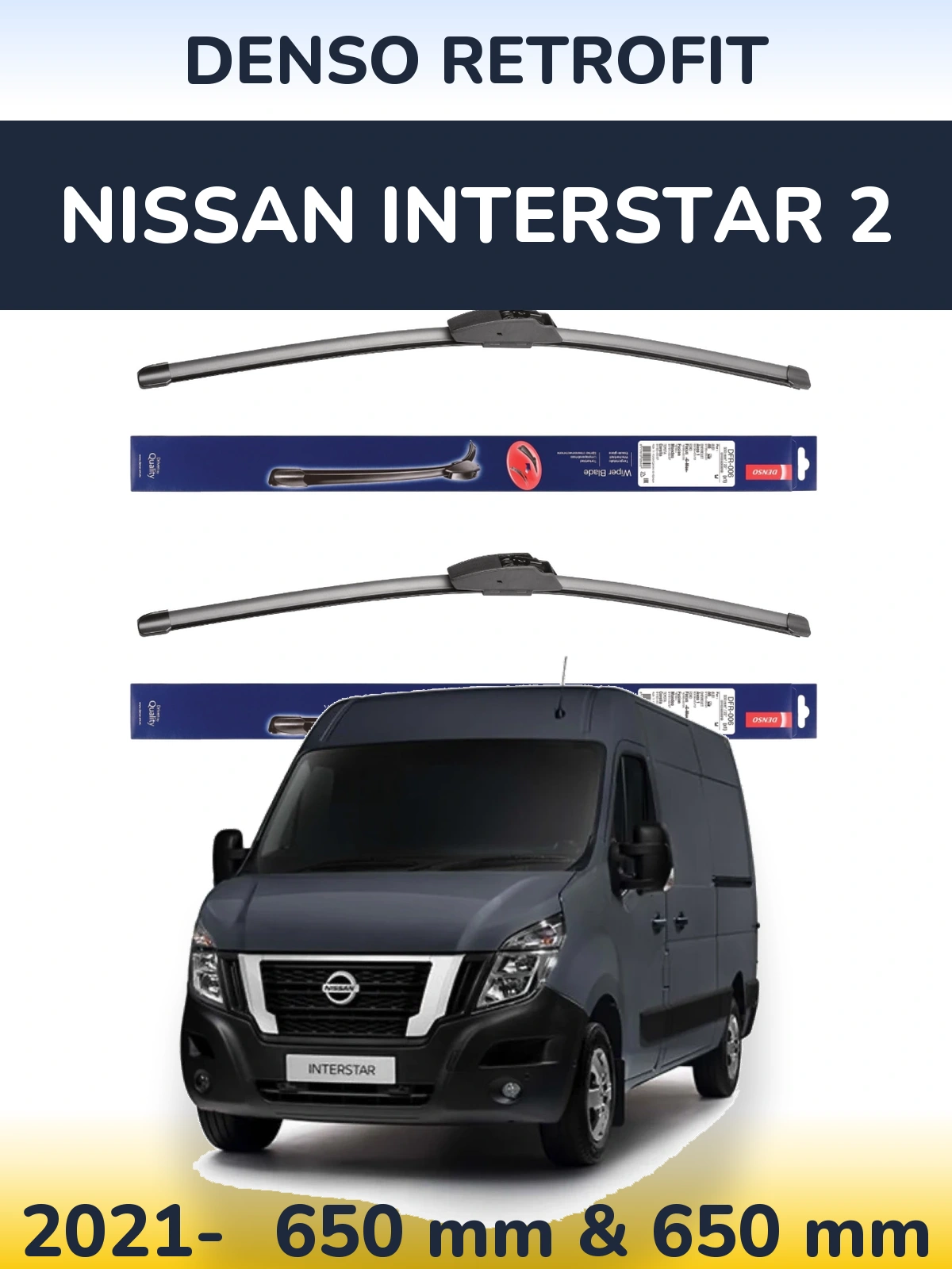Front wiper blade set Denso Retrofit 650 & 650 mm for Nissan Interstar 2 2021-2026