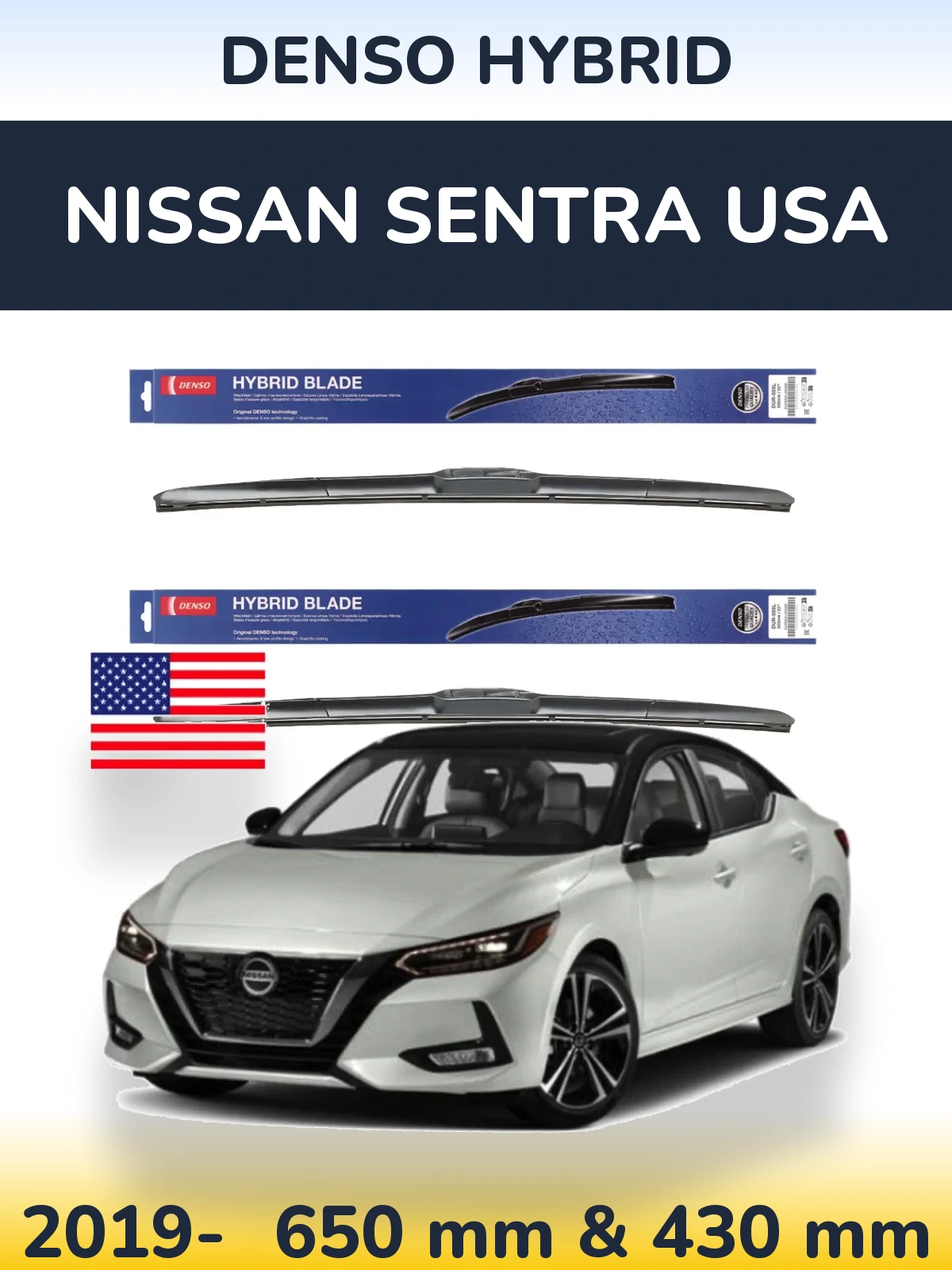 Front wiper blade set Denso Hybrid 650 & 430 mm for Nissan Sentra USA 2019-2026