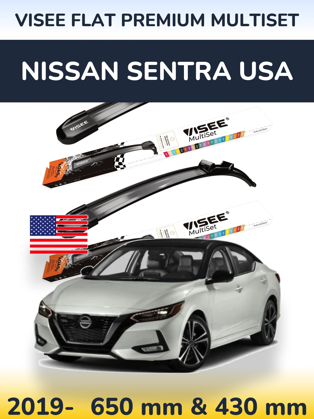 Front wiper blade set VISEE FLAT PREMIUM MultiSet 650 & 430 mm for Nissan Sentra USA 2019-2026