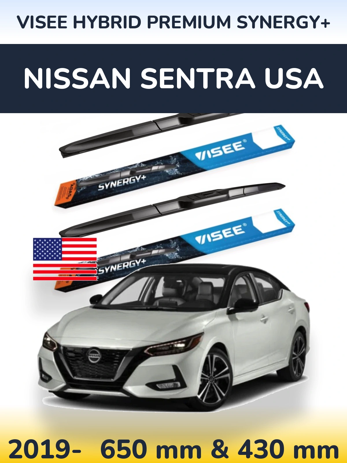 Front wiper blade set VISEE HYBRID PREMIUM SYNERGY+ 650 & 430 mm for Nissan Sentra USA 2019-2026