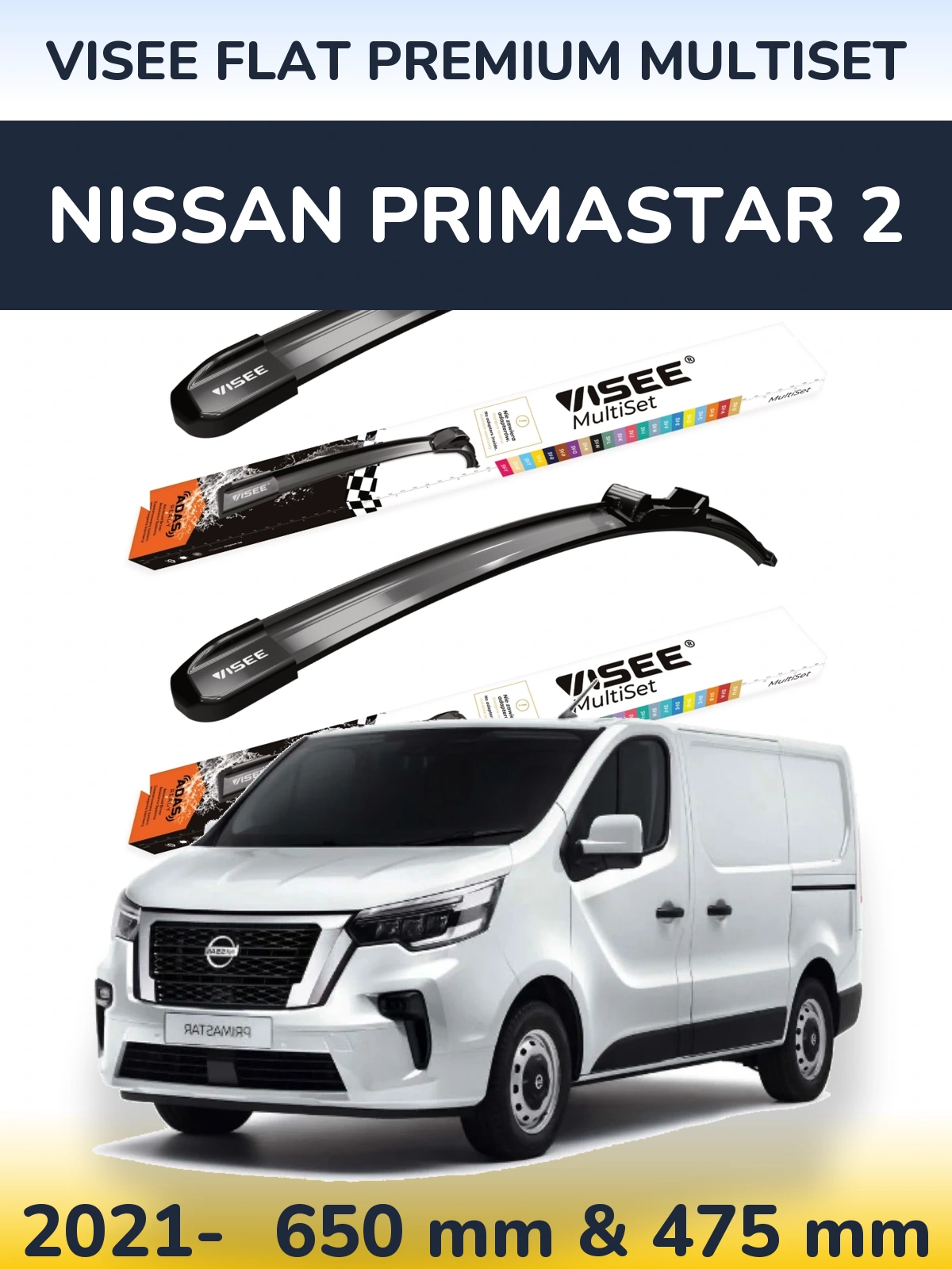 Комплект передніх щіток VISEE FLAT PREMIUM MultiSet 650 & 475 мм для Nissan Primastar 2 2021-2026
