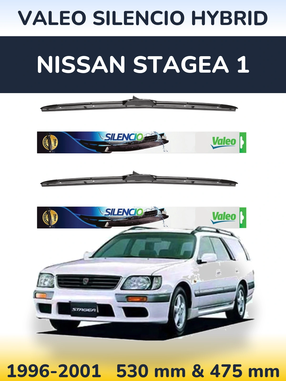 Front wiper blade set Valeo Silencio Hybrid 530 & 475 mm for Nissan Stagea 1 1996-2001