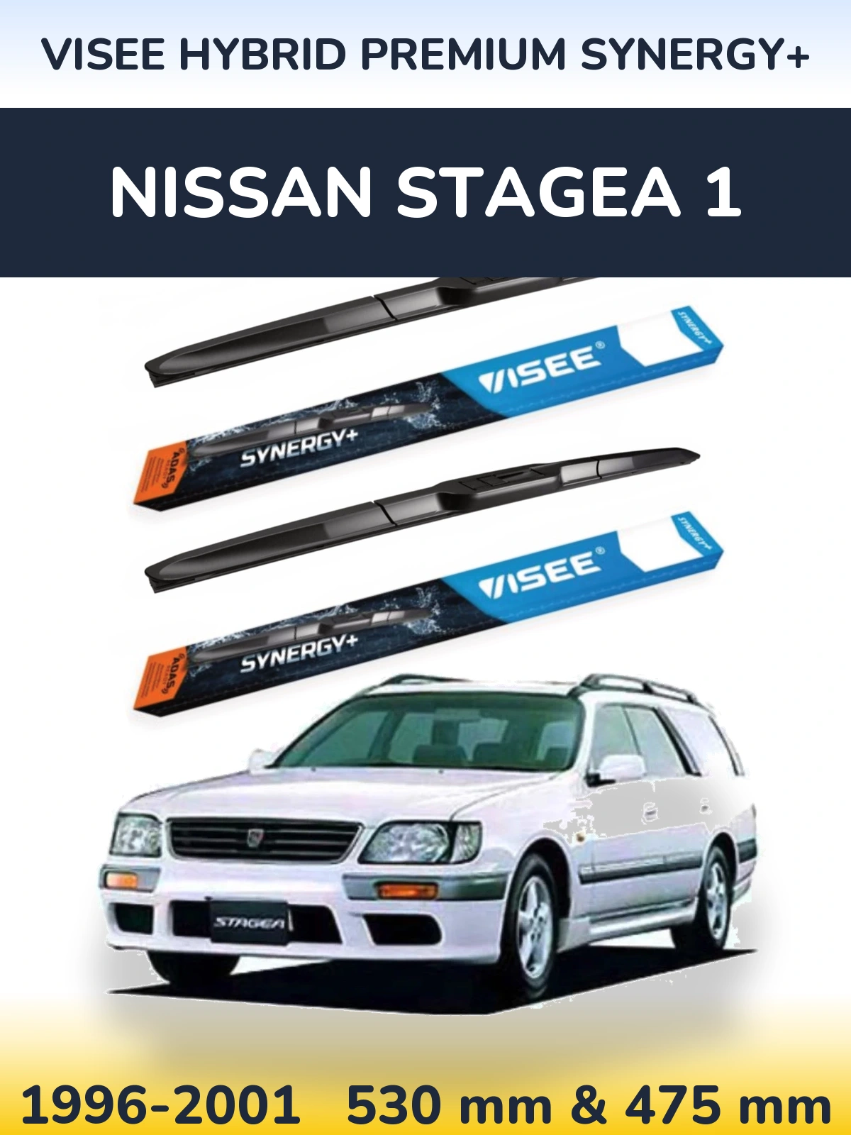 Front wiper blade set VISEE HYBRID PREMIUM SYNERGY+ 530 & 475 mm for Nissan Stagea 1 1996-2001
