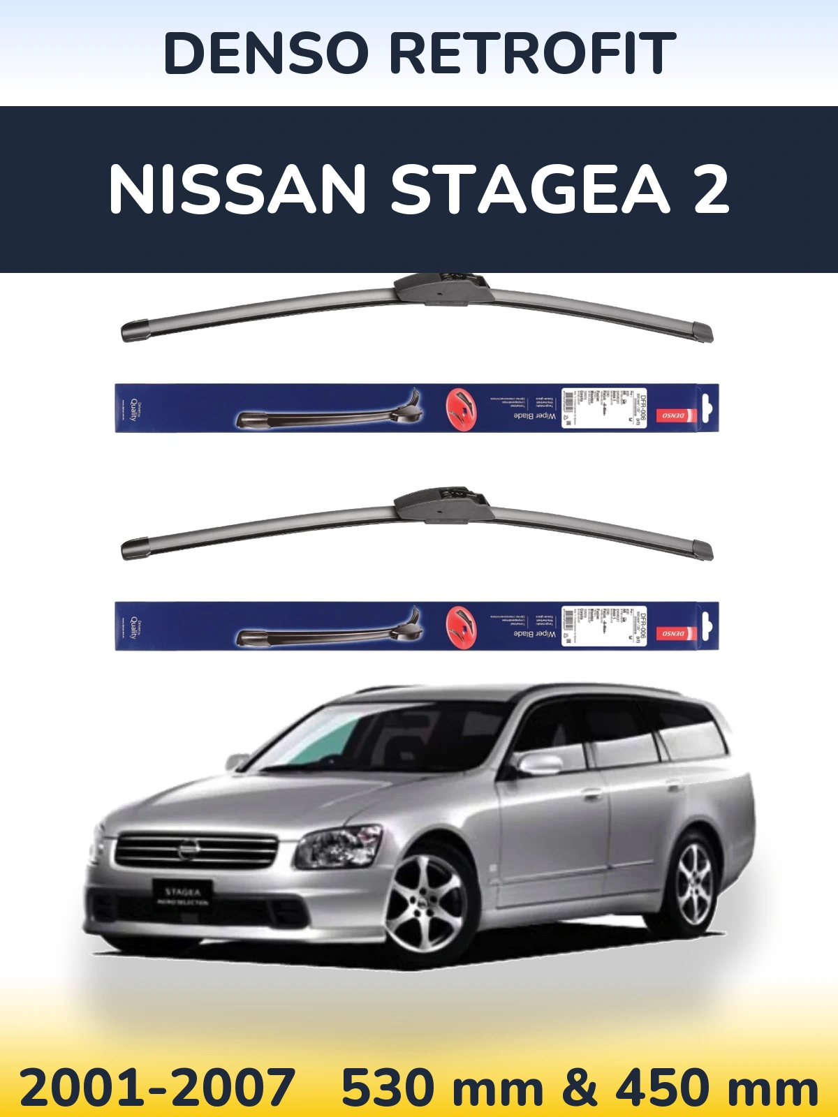 Front wiper blade set Denso Retrofit 530 & 450 mm for Nissan Stagea 2 2001-2007