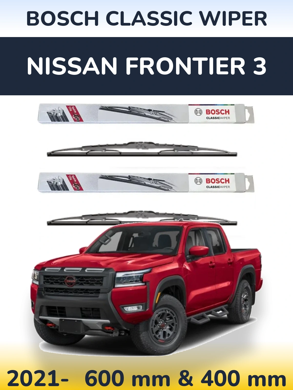Front wiper blade set BOSCH Classic Wiper 600 & 400 mm for Nissan Frontier 3 2021-2026