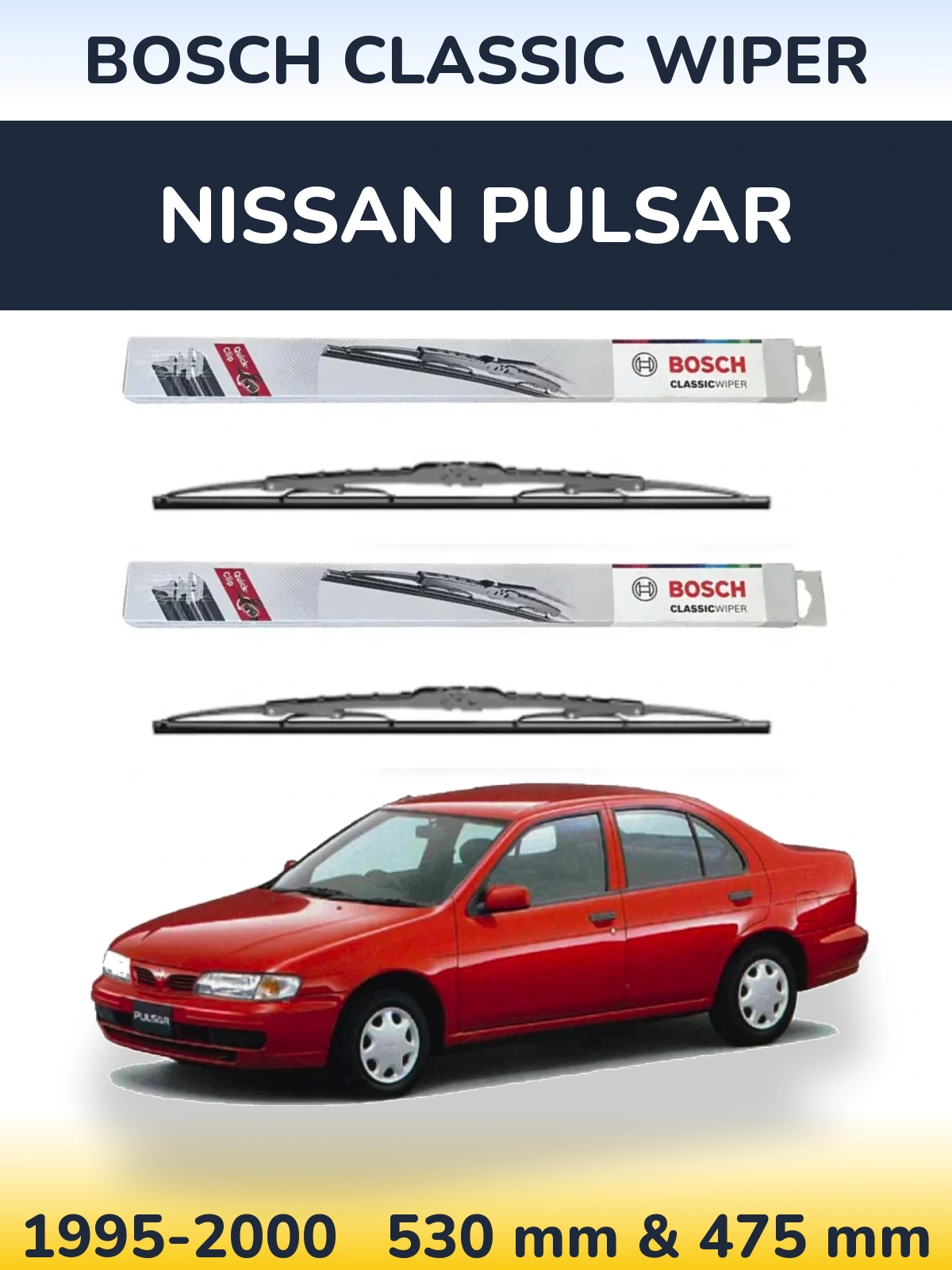 Front wiper blade set BOSCH Classic Wiper 530 & 475 mm for Nissan Pulsar 1995-2000
