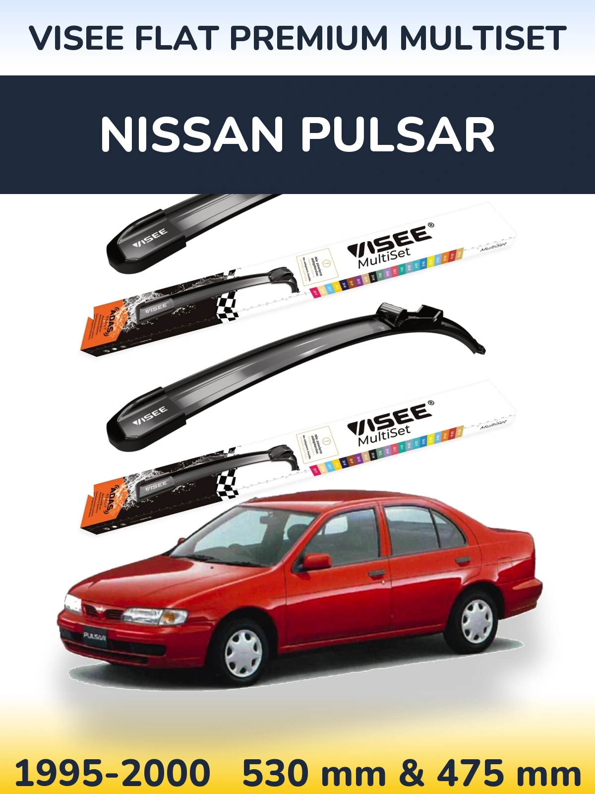 Front wiper blade set VISEE FLAT PREMIUM MultiSet 530 & 475 mm for Nissan Pulsar 1995-2000