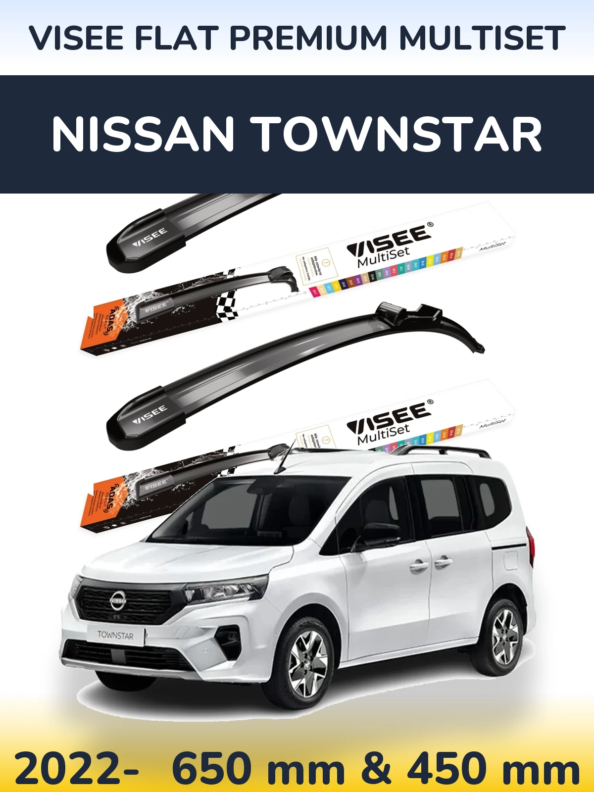 Front wiper blade set VISEE FLAT PREMIUM MultiSet 650 & 450 mm for Nissan Townstar 2022-2026