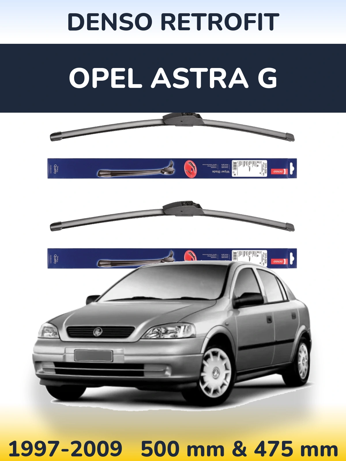 Front wiper blade set Denso Retrofit 500 & 475 mm for Opel Astra G 1997-2009