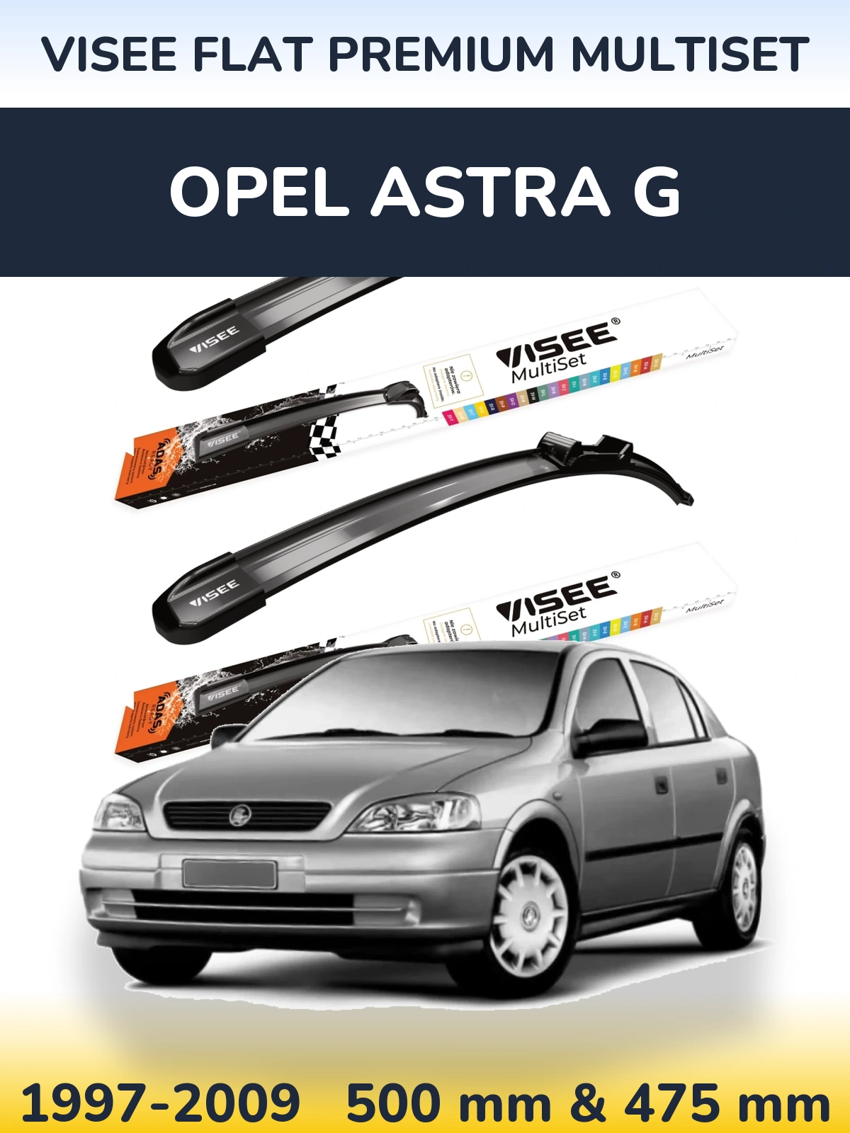Front wiper blade set VISEE FLAT PREMIUM MultiSet 500 & 475 mm for Opel Astra G 1997-2009