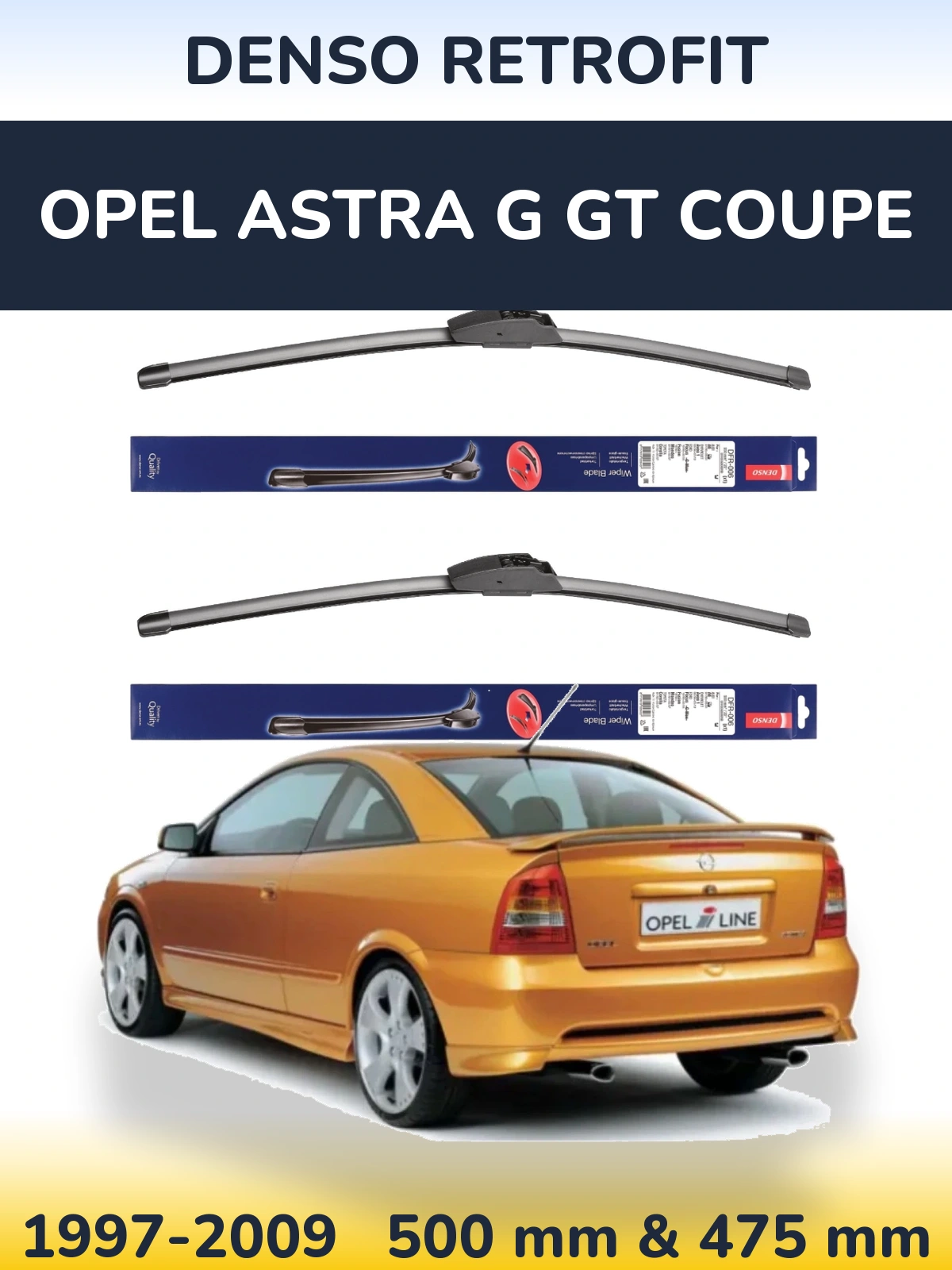 Front wiper blade set Denso Retrofit 500 & 475 mm for Opel Astra G GT coupe 1997-2009