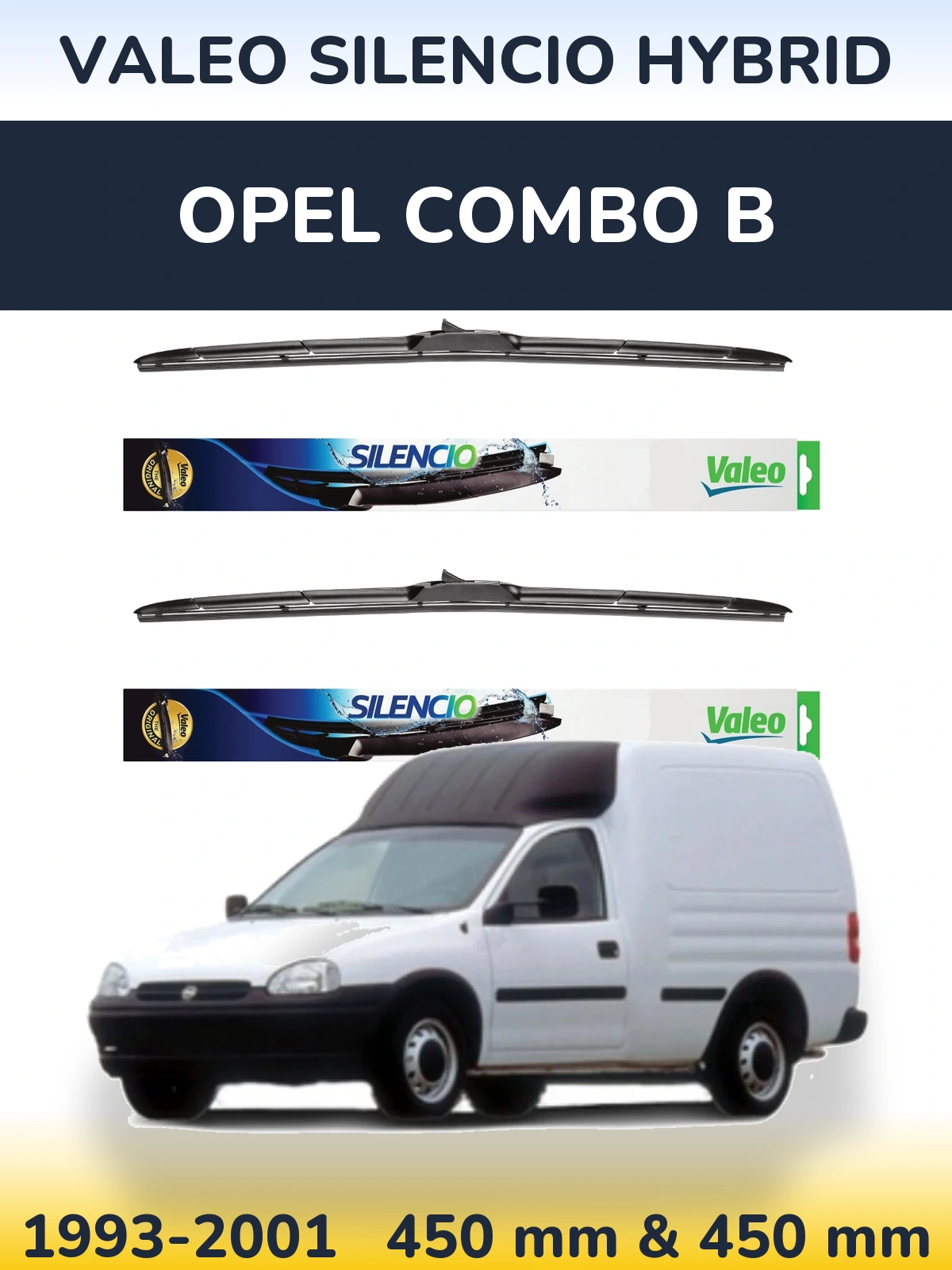 Front wiper blade set Valeo Silencio Hybrid 450 & 450 mm for Opel Combo B 1993-2001