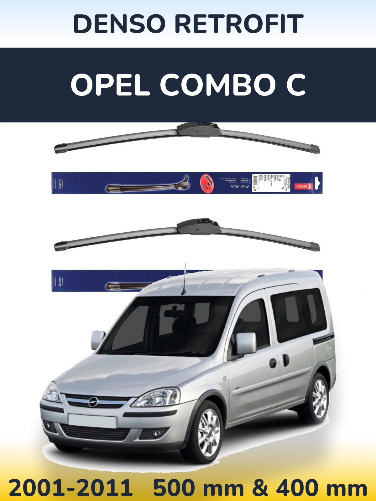 Front wiper blade set Denso Retrofit 500 & 400 mm for Opel Combo C 2001-2011