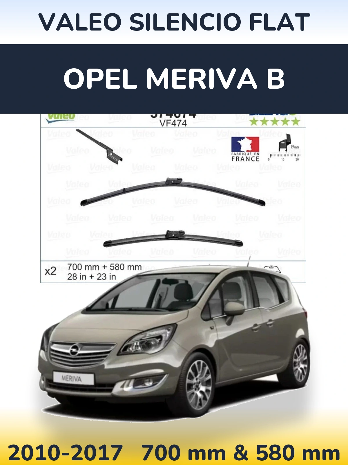 Front wiper blade set Valeo Silencio Flat 700 & 580 mm for Opel Meriva B 2010-2017