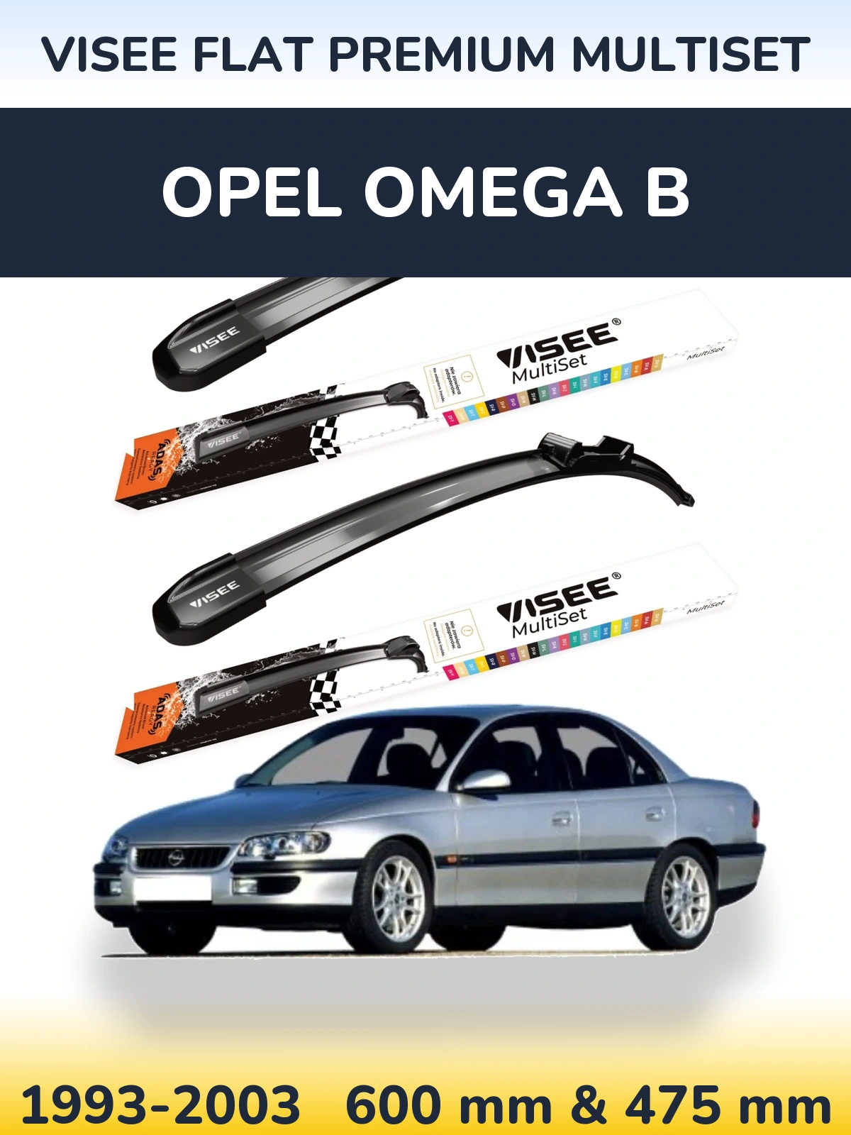 Front wiper blade set VISEE FLAT PREMIUM MultiSet 600 & 475 mm for Opel Omega B 1993-2003