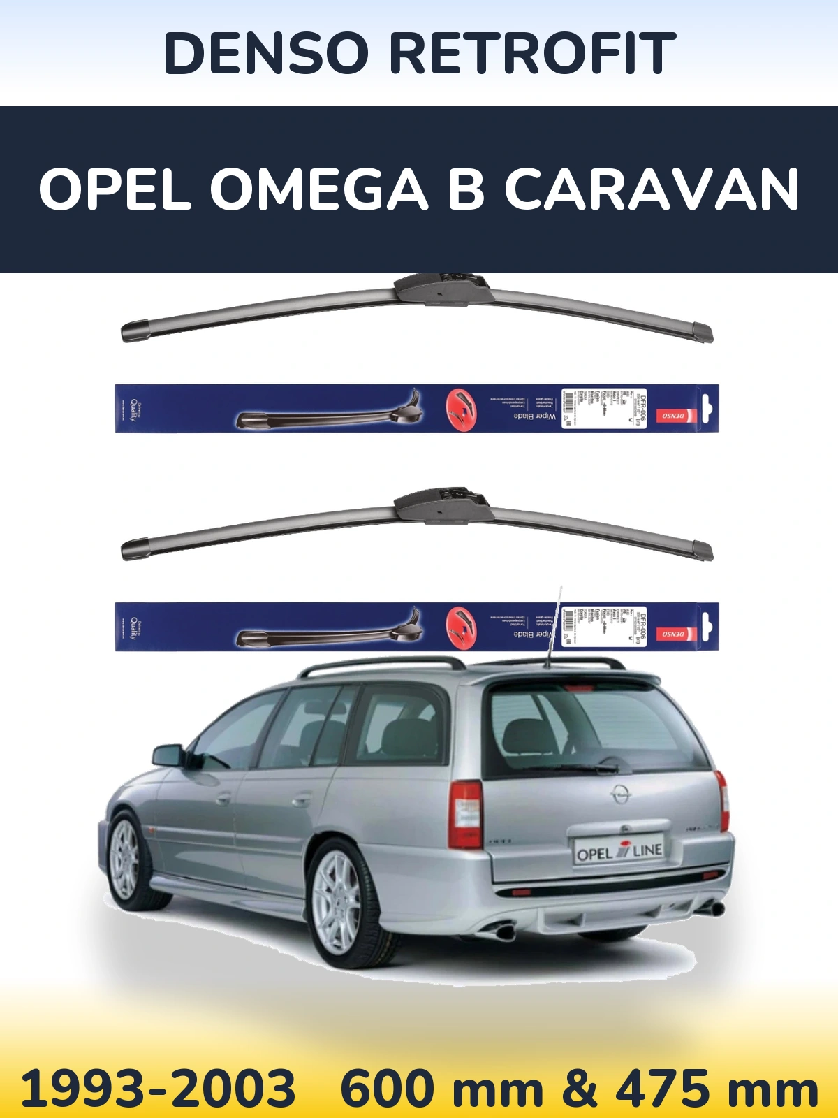 Front wiper blade set Denso Retrofit 600 & 475 mm for Opel Omega B Caravan 1993-2003