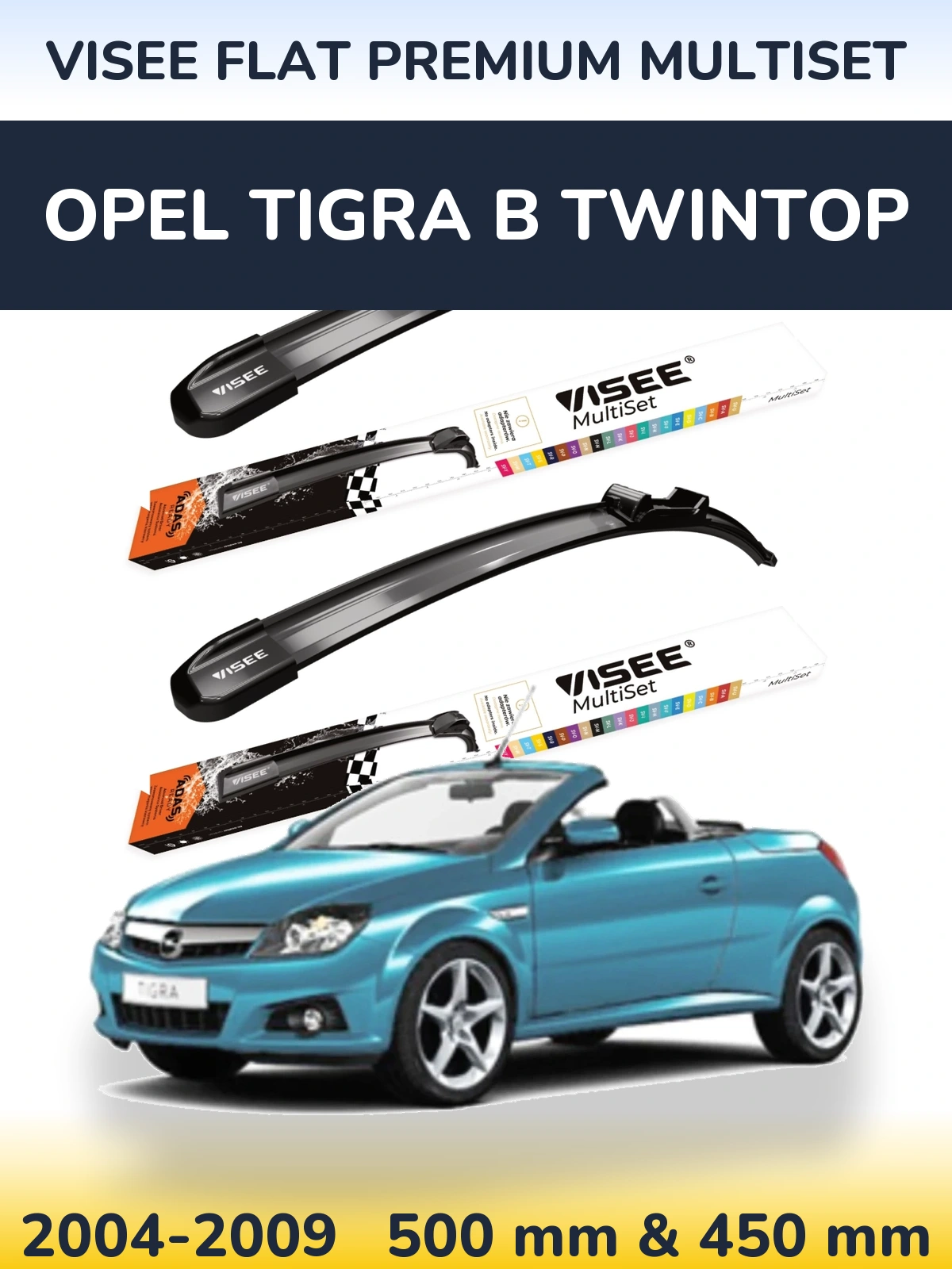 Front wiper blade set VISEE FLAT PREMIUM MultiSet 500 & 450 mm for Opel Tigra B TwinTop 2004-2009
