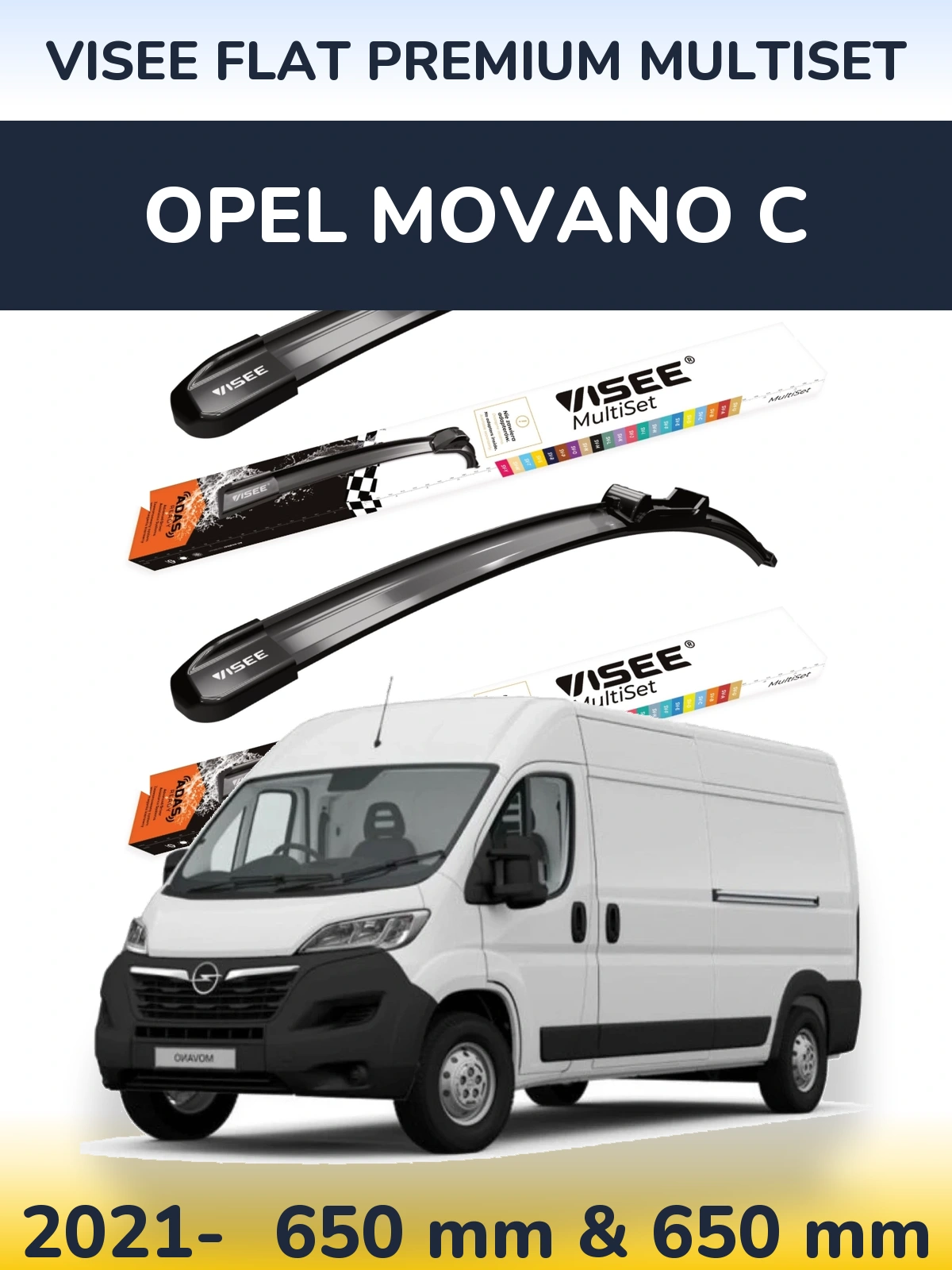 Front wiper blade set VISEE FLAT PREMIUM MultiSet 650 & 650 mm for Opel Movano C 2021-2026