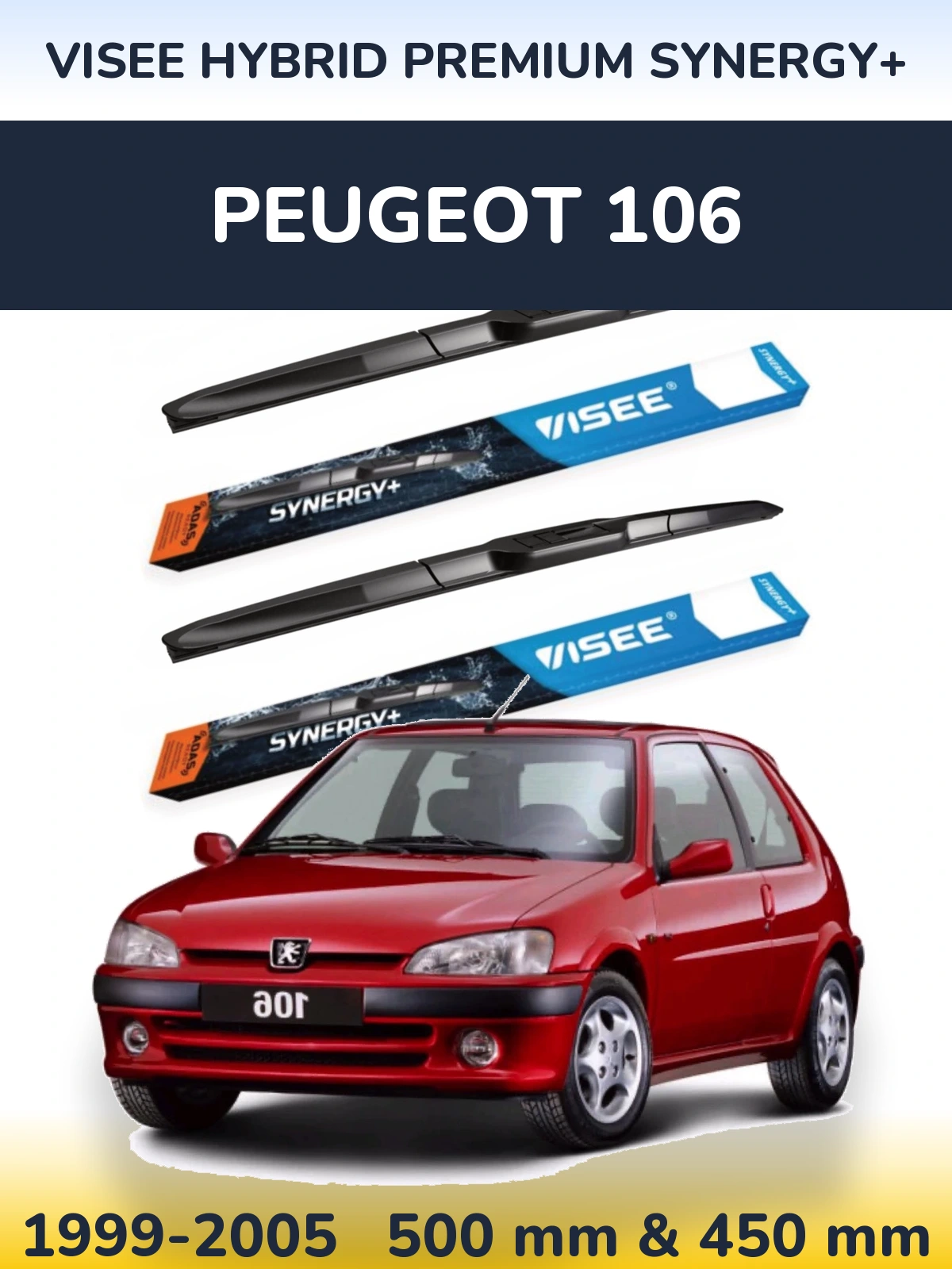 Front wiper blade set VISEE HYBRID PREMIUM SYNERGY+ 500 & 450 mm for Peugeot 106 1999-2005