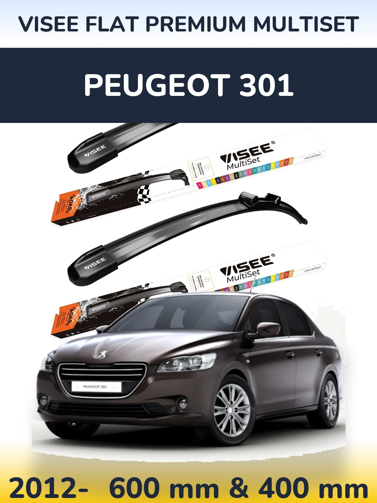 Front wiper blade set VISEE FLAT PREMIUM MultiSet 600 & 400 mm for Peugeot 301 2012-2026